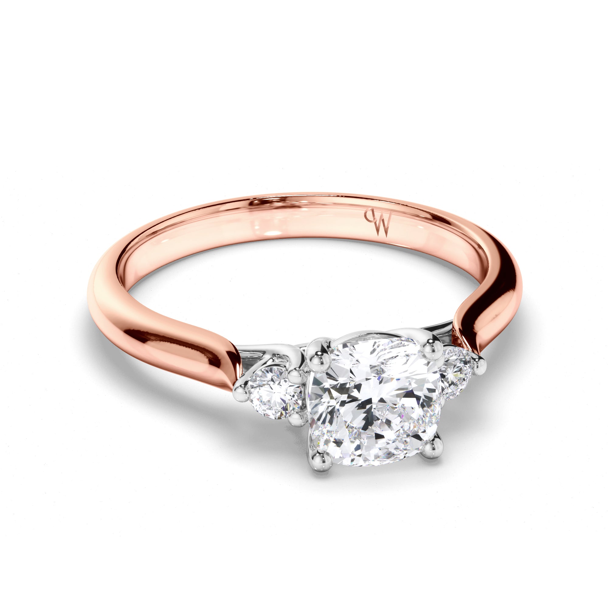 Cushion Diamond Trilogy Engagement Ring with Round Brilliant Sides