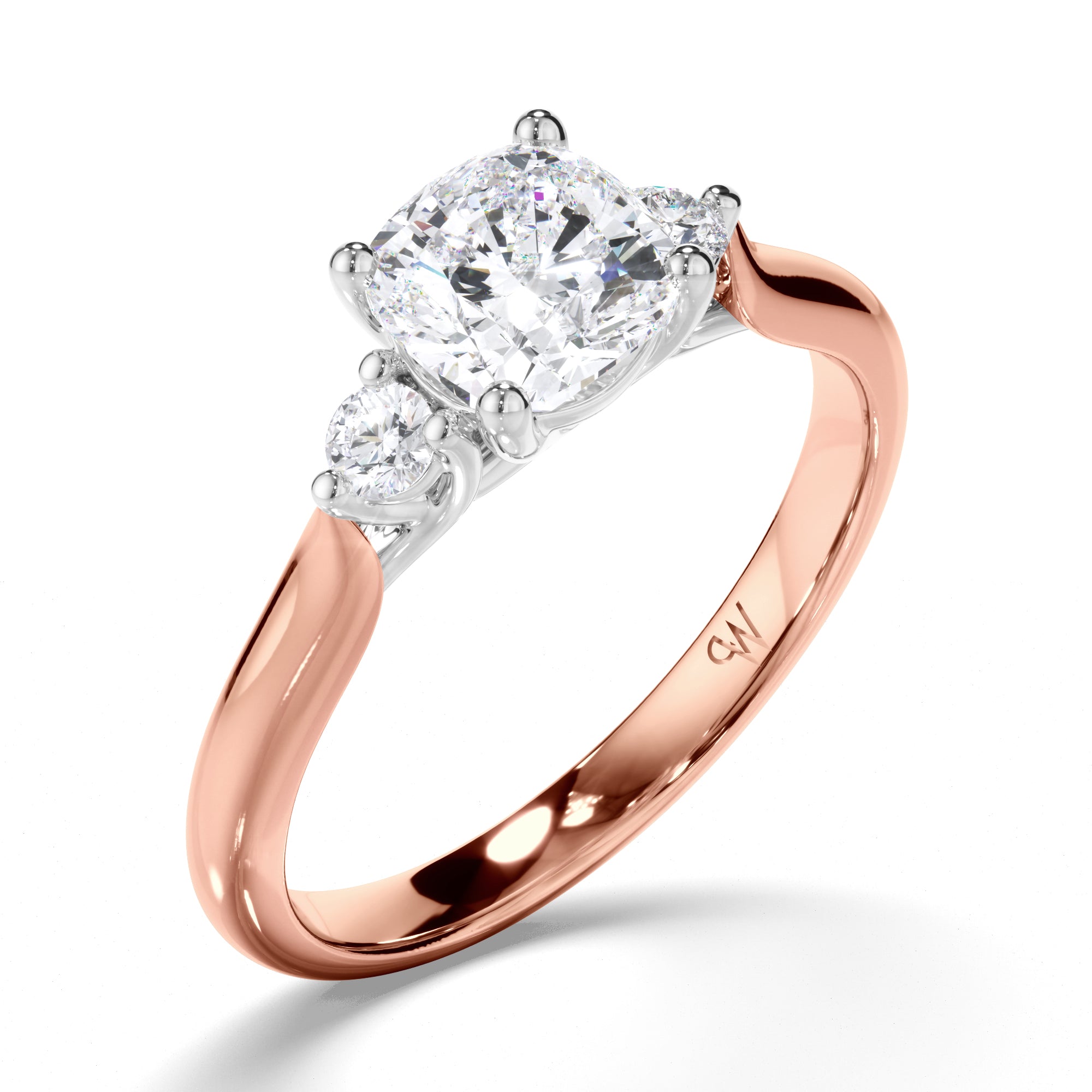 Cushion Diamond Trilogy Engagement Ring with Round Brilliant Sides