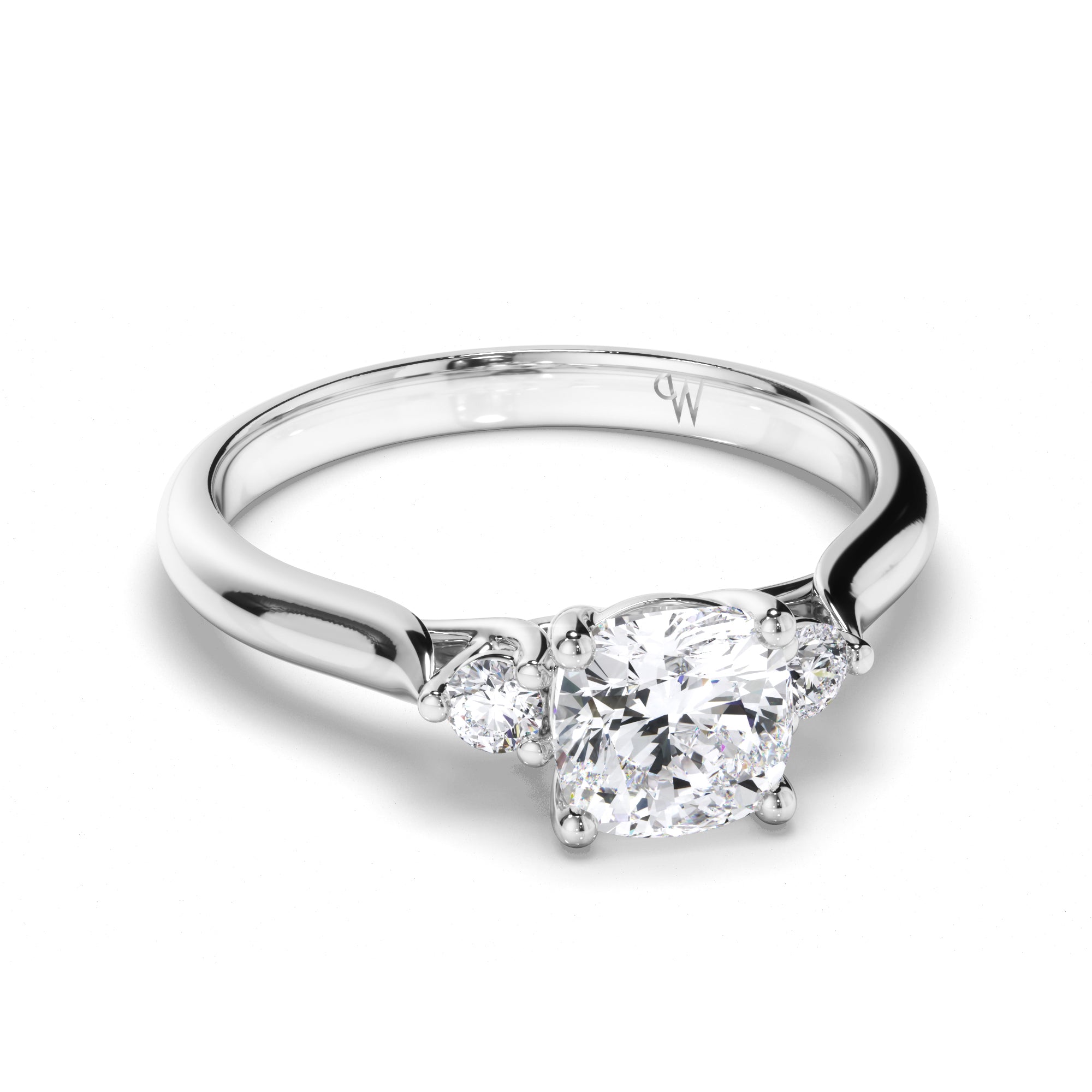 Cushion Diamond Trilogy Engagement Ring with Round Brilliant Sides