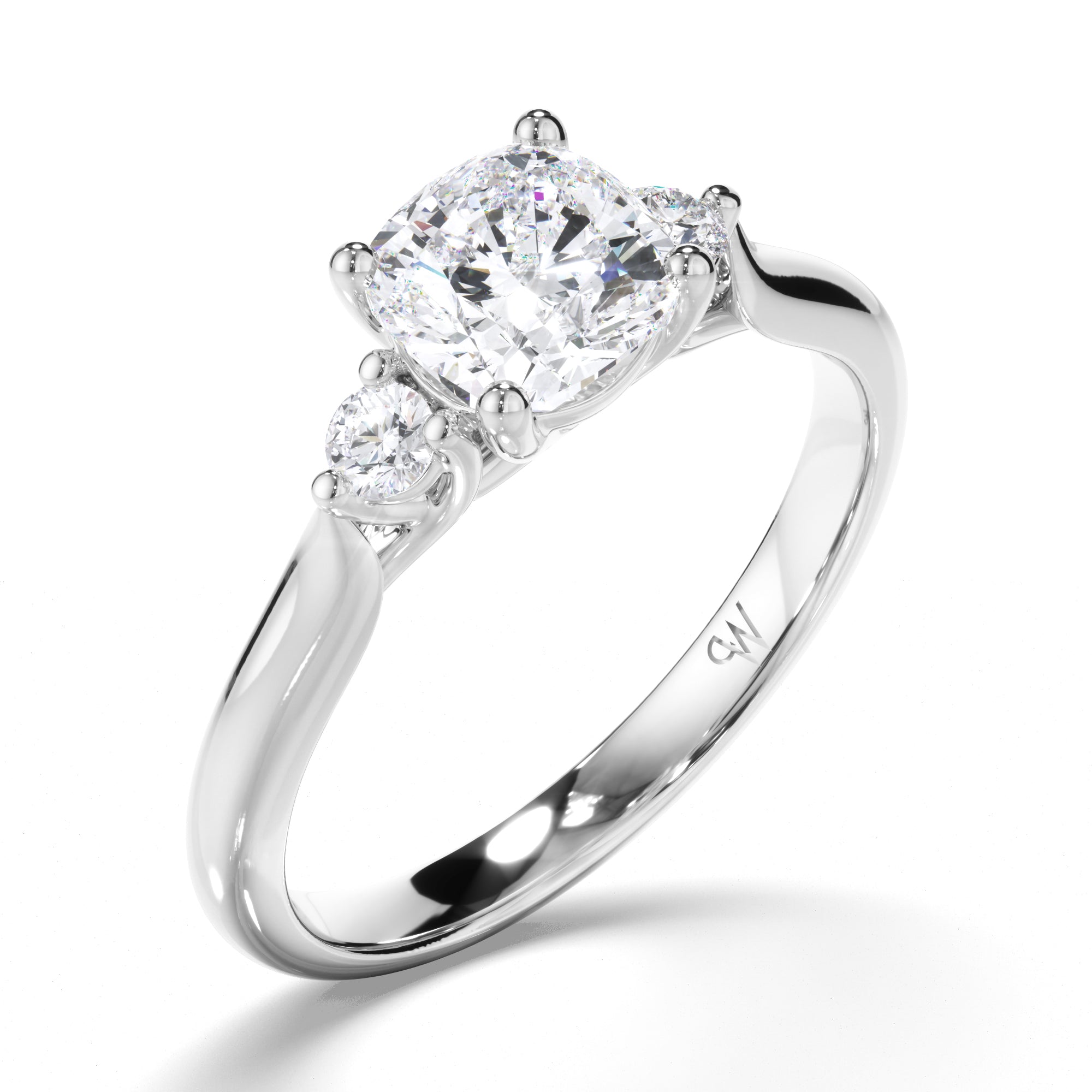 Cushion Diamond Trilogy Engagement Ring with Round Brilliant Sides