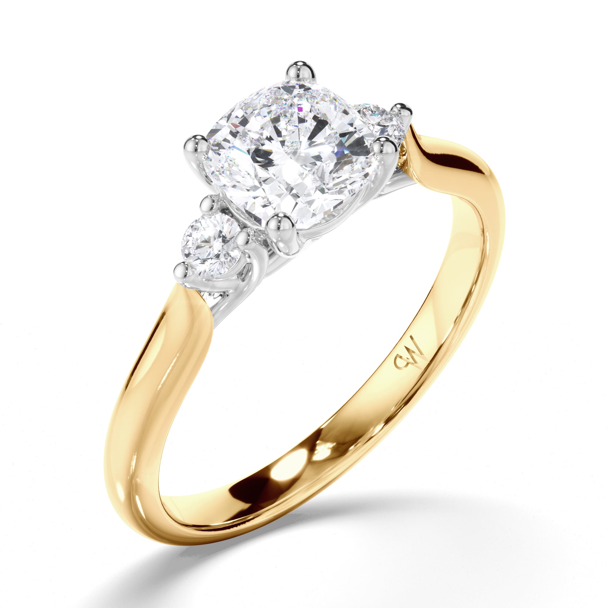 Cushion Diamond Trilogy Engagement Ring with Round Brilliant Sides