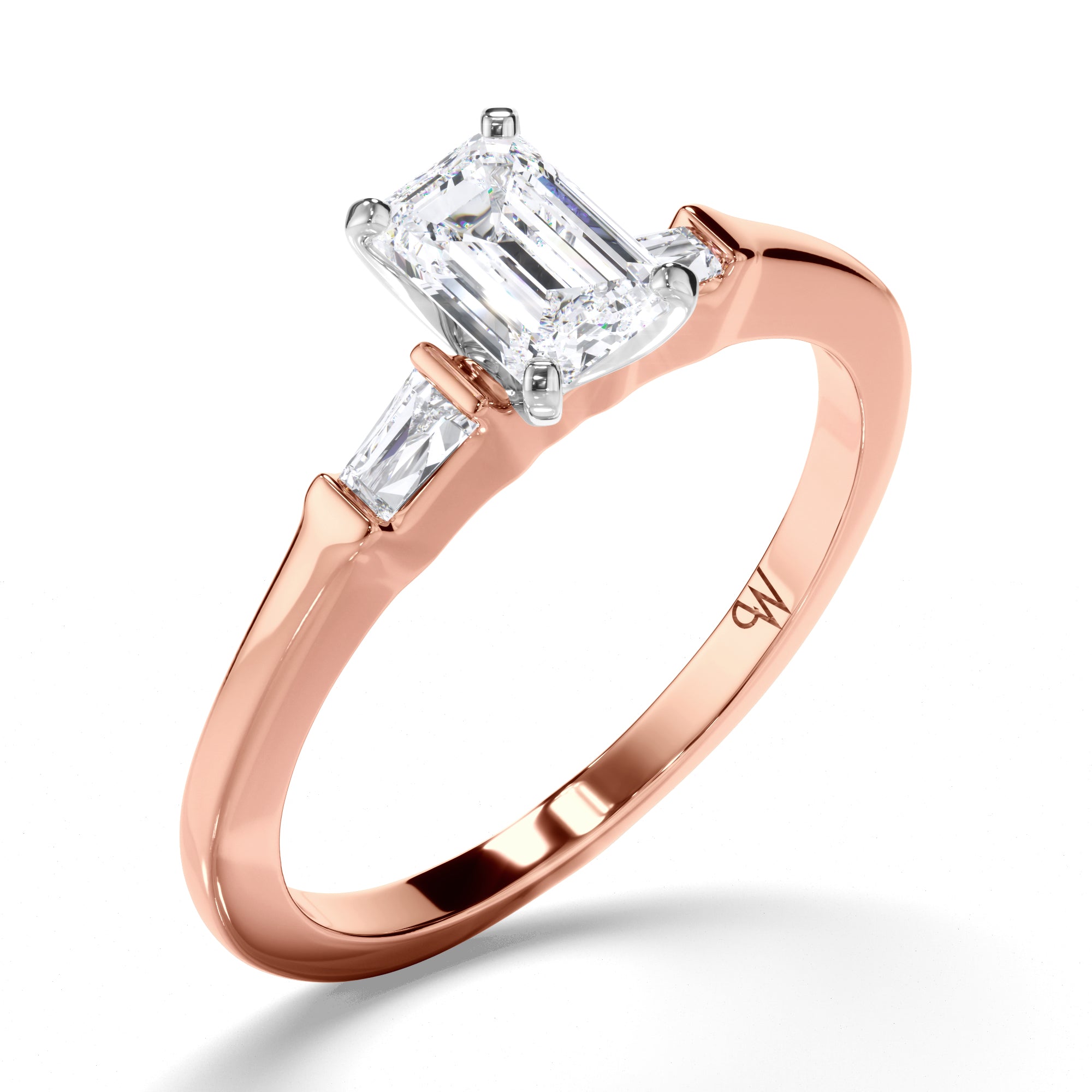 Emerald Cut Diamond Trilogy Engagement Ring with Baguette Sides