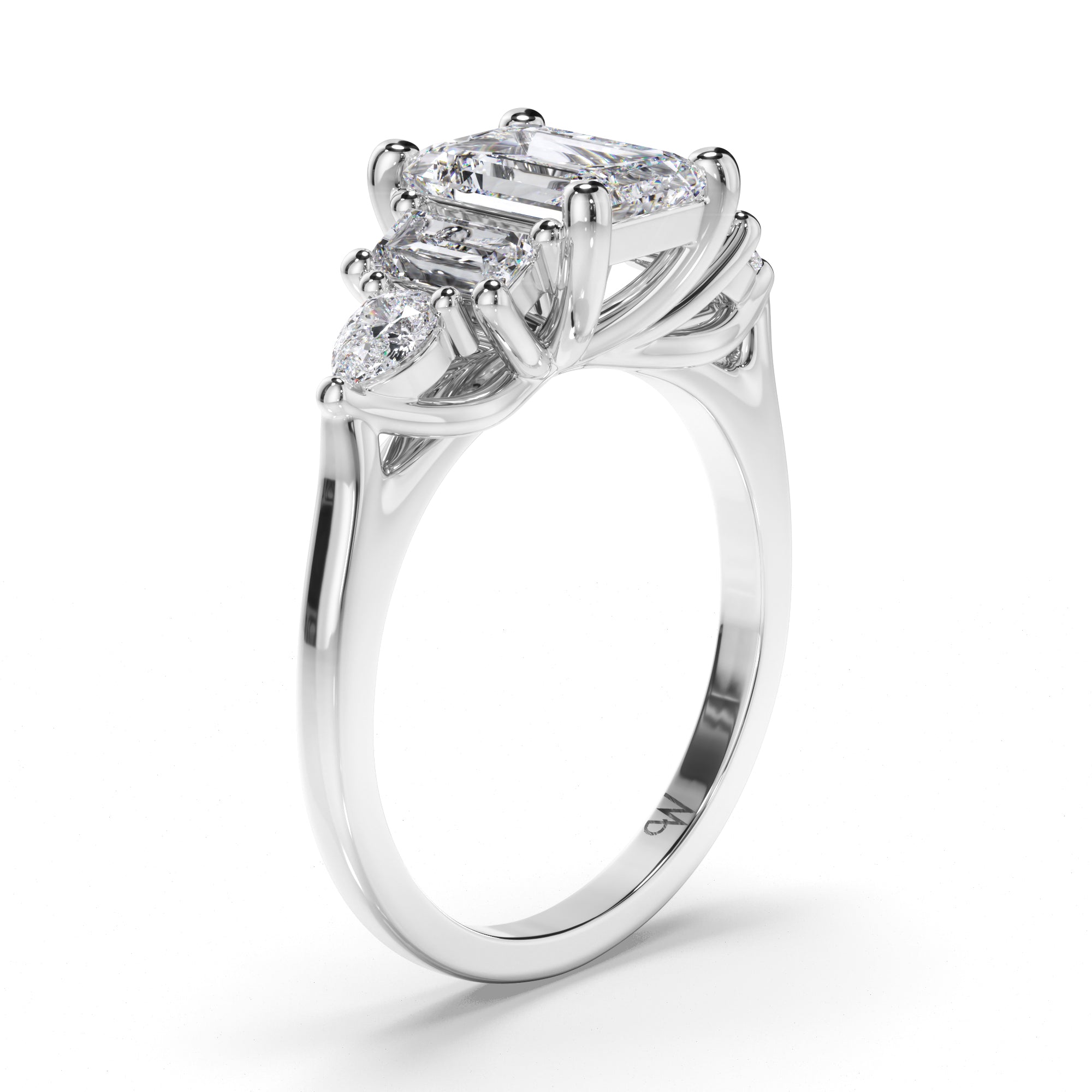 Emerald Cut Diamond Engagement Ring with Baguette and Pear Shape Sides