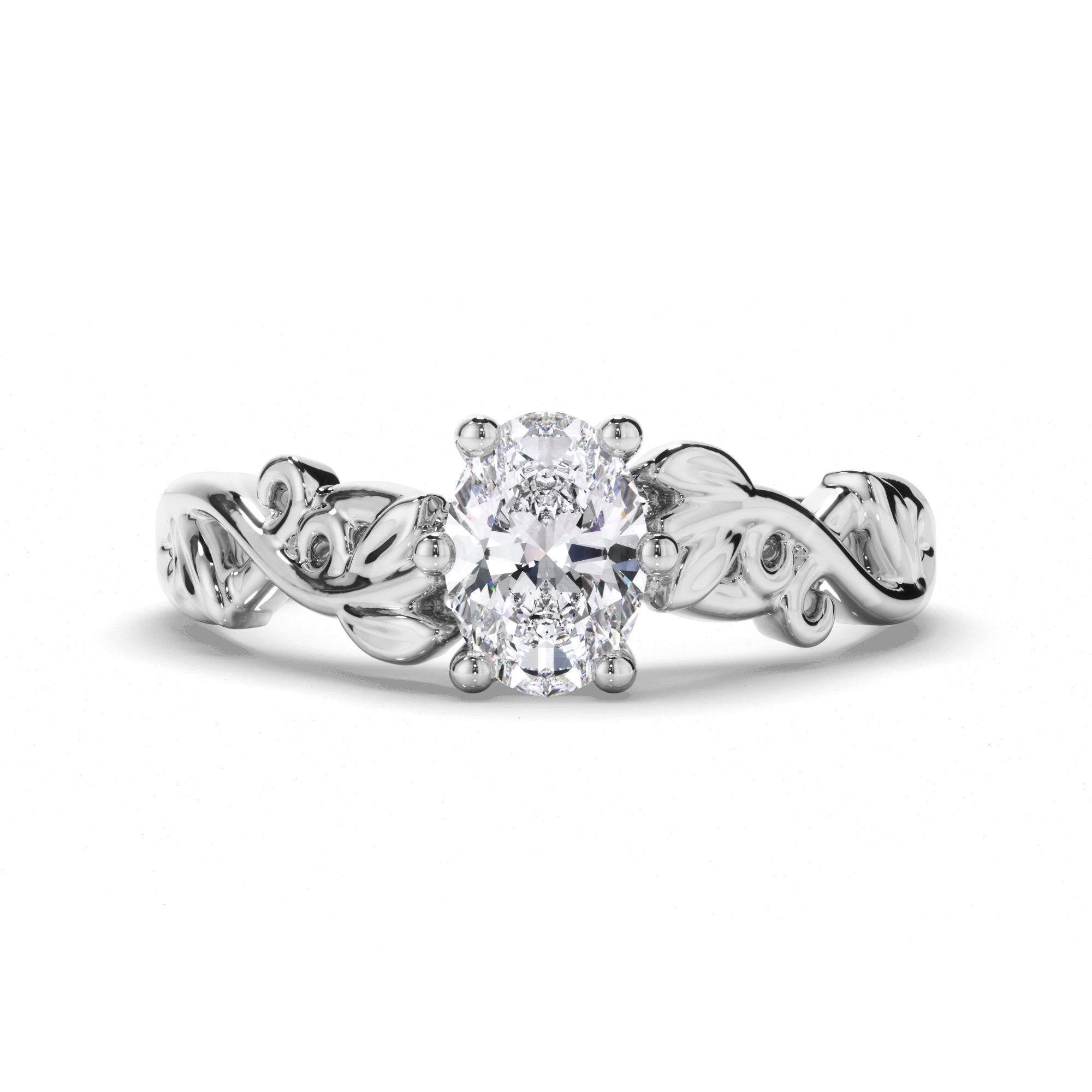 Oval Diamond Solitaire Engagement Ring with a Woven Vine Detail Band