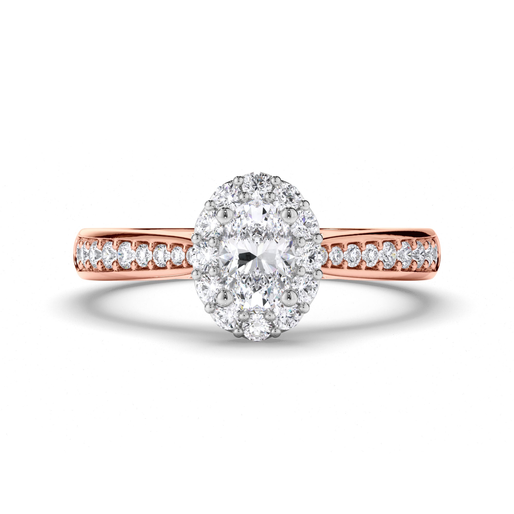 Oval Diamond Engagement Ring with Halo and Bead Set Band