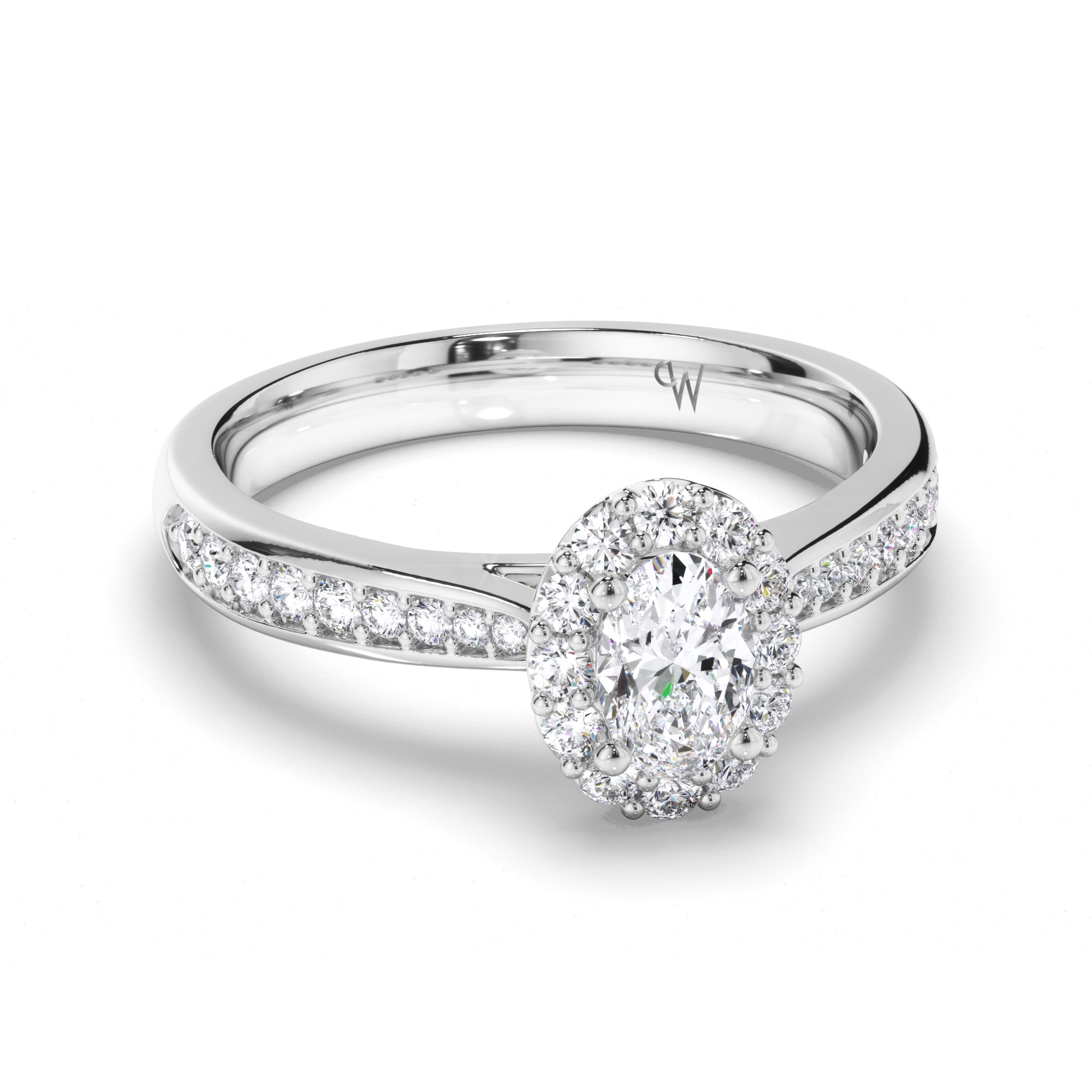 Oval Diamond Engagement Ring with Halo and Bead Set Band
