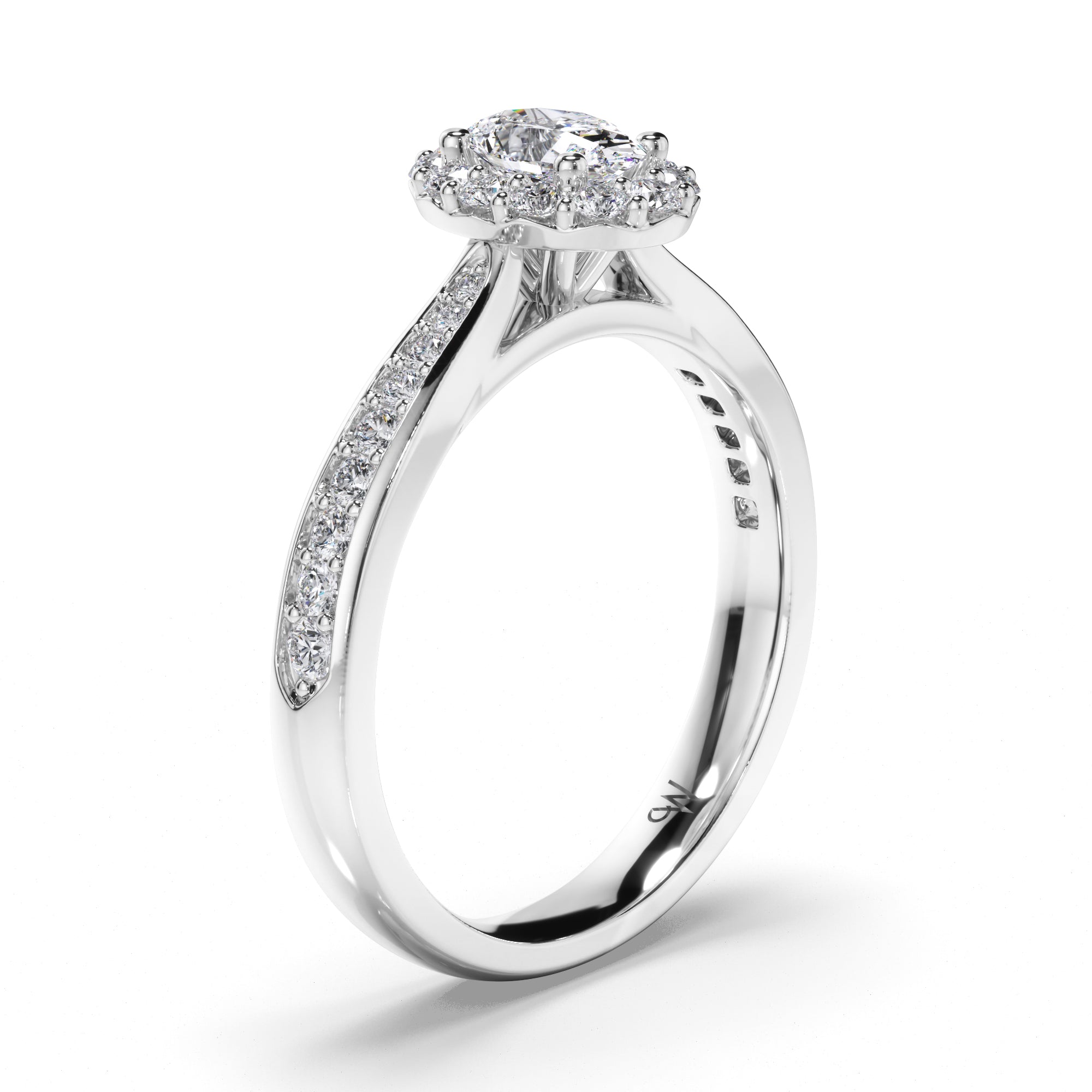 Oval Diamond Engagement Ring with Halo and Bead Set Band