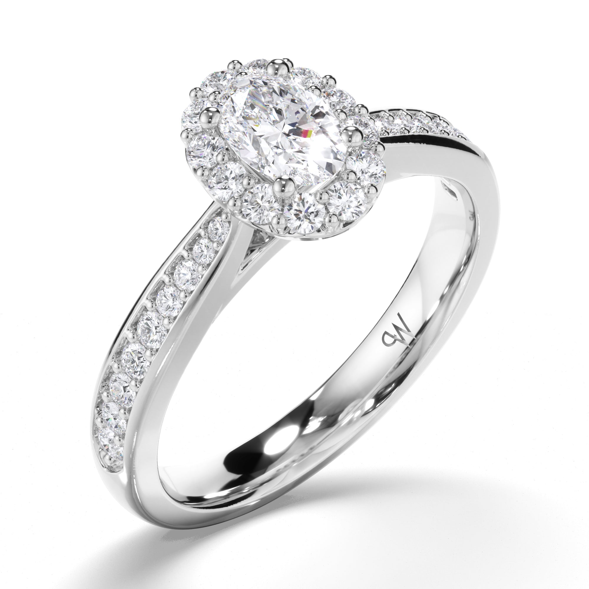 Oval Diamond Engagement Ring with Halo and Bead Set Band