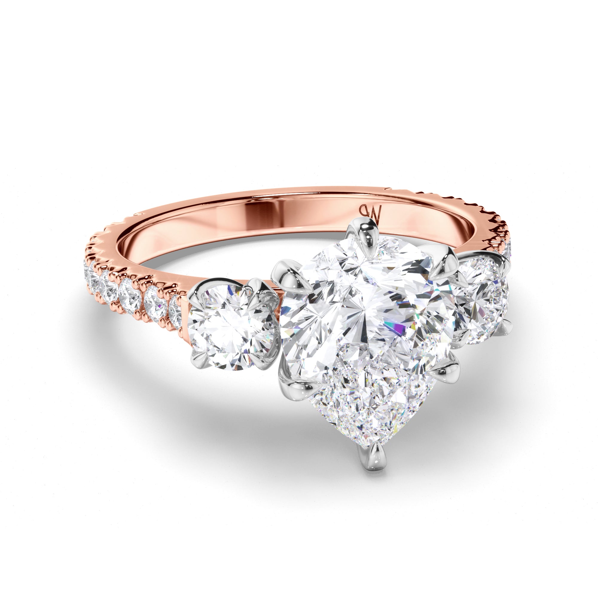 Pear Diamond Trilogy Engagement Ring with Round sides and Cut Claw Band