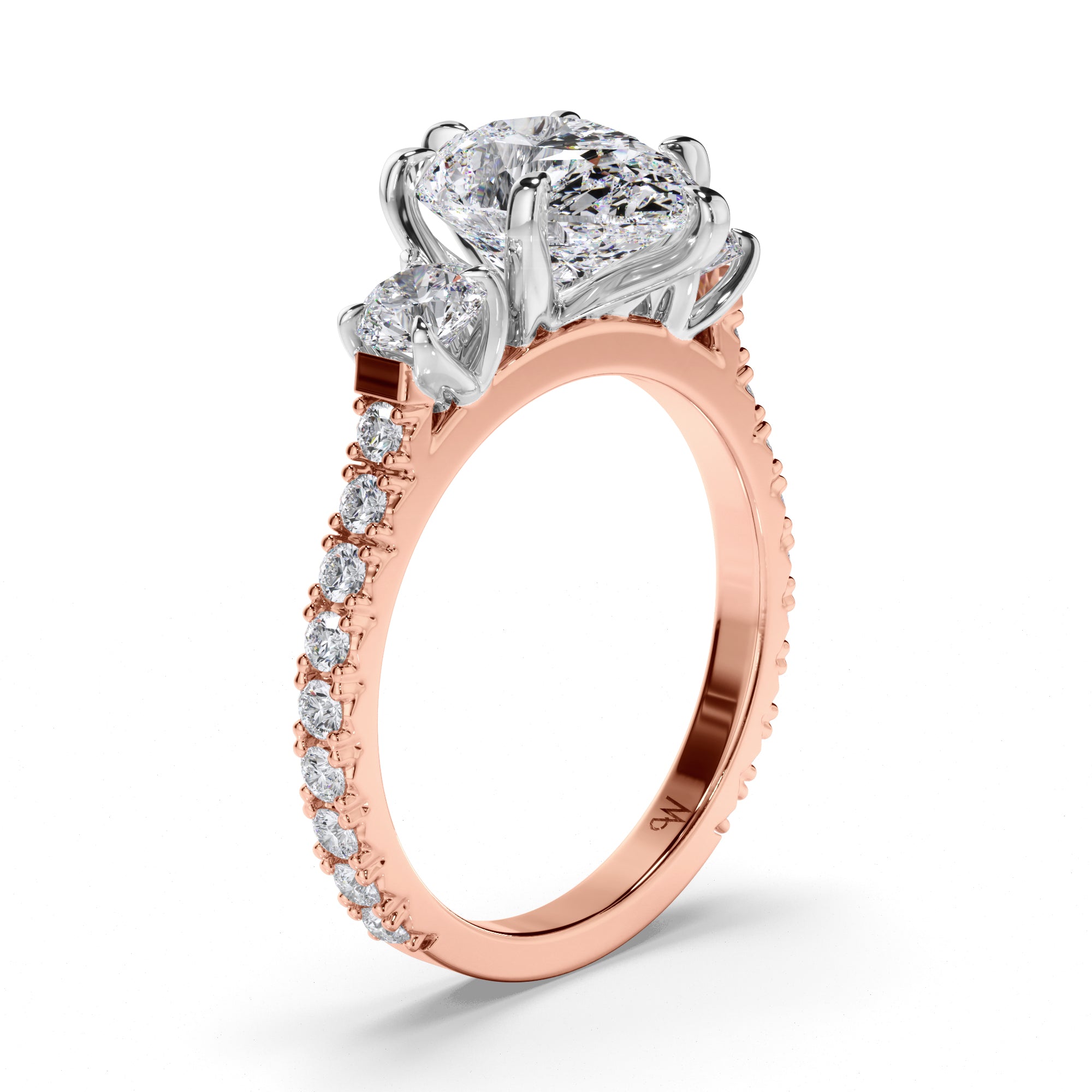 Pear Diamond Trilogy Engagement Ring with Round sides and Cut Claw Band