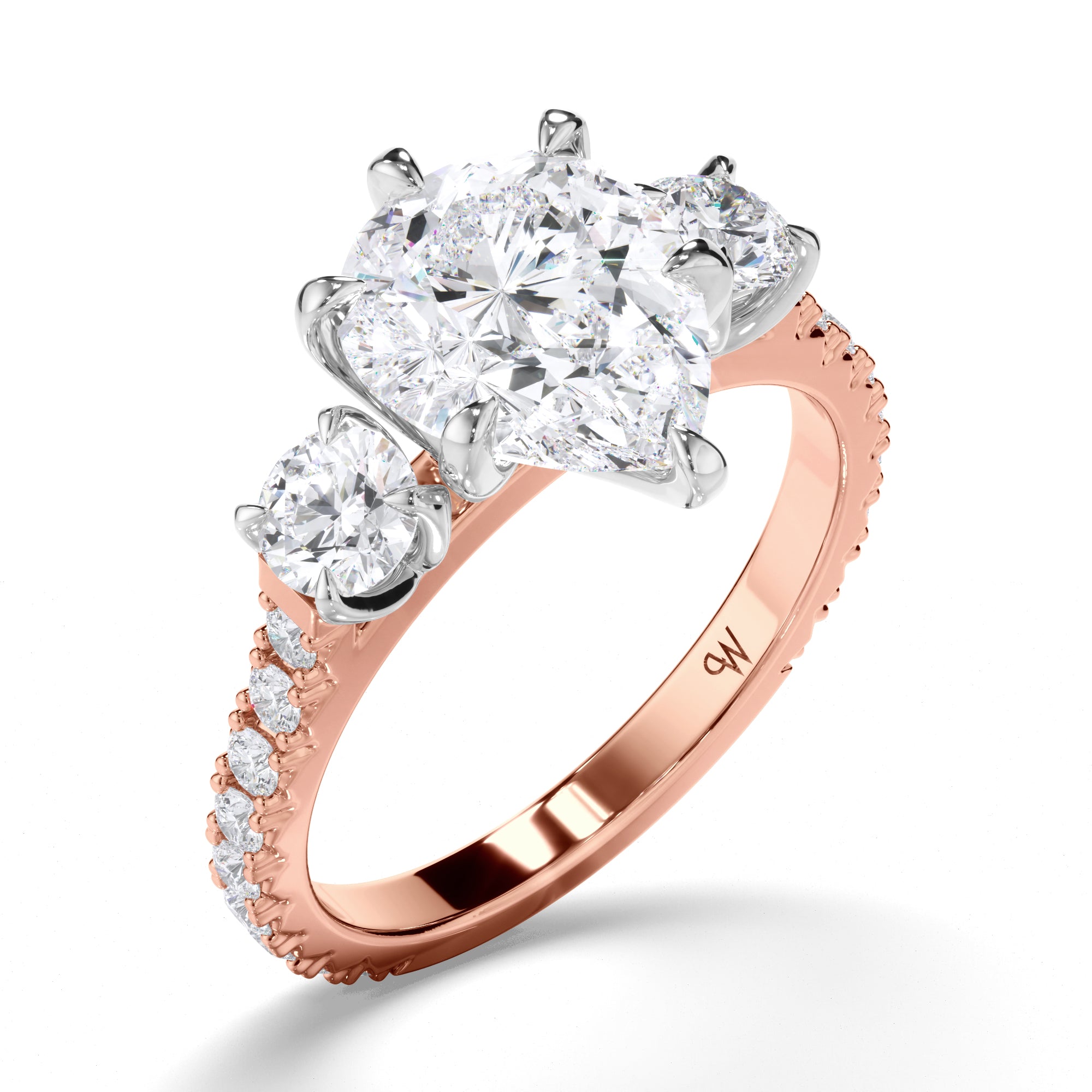 Pear Diamond Trilogy Engagement Ring with Round sides and Cut Claw Band