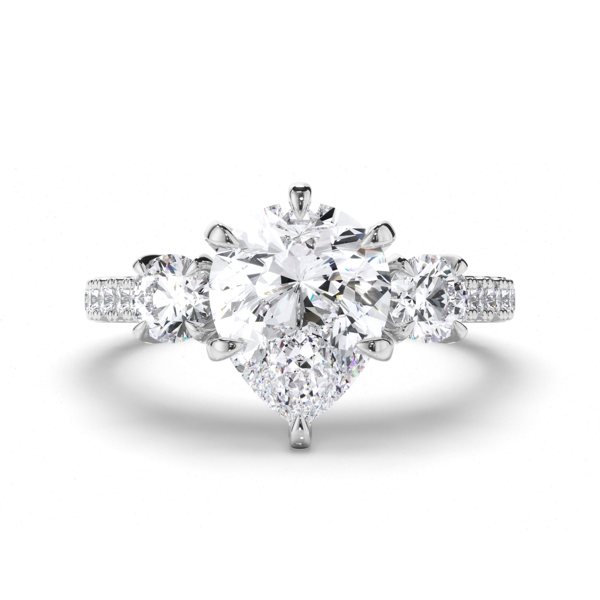 Pear Diamond Trilogy Engagement Ring with Round sides and Cut Claw Band