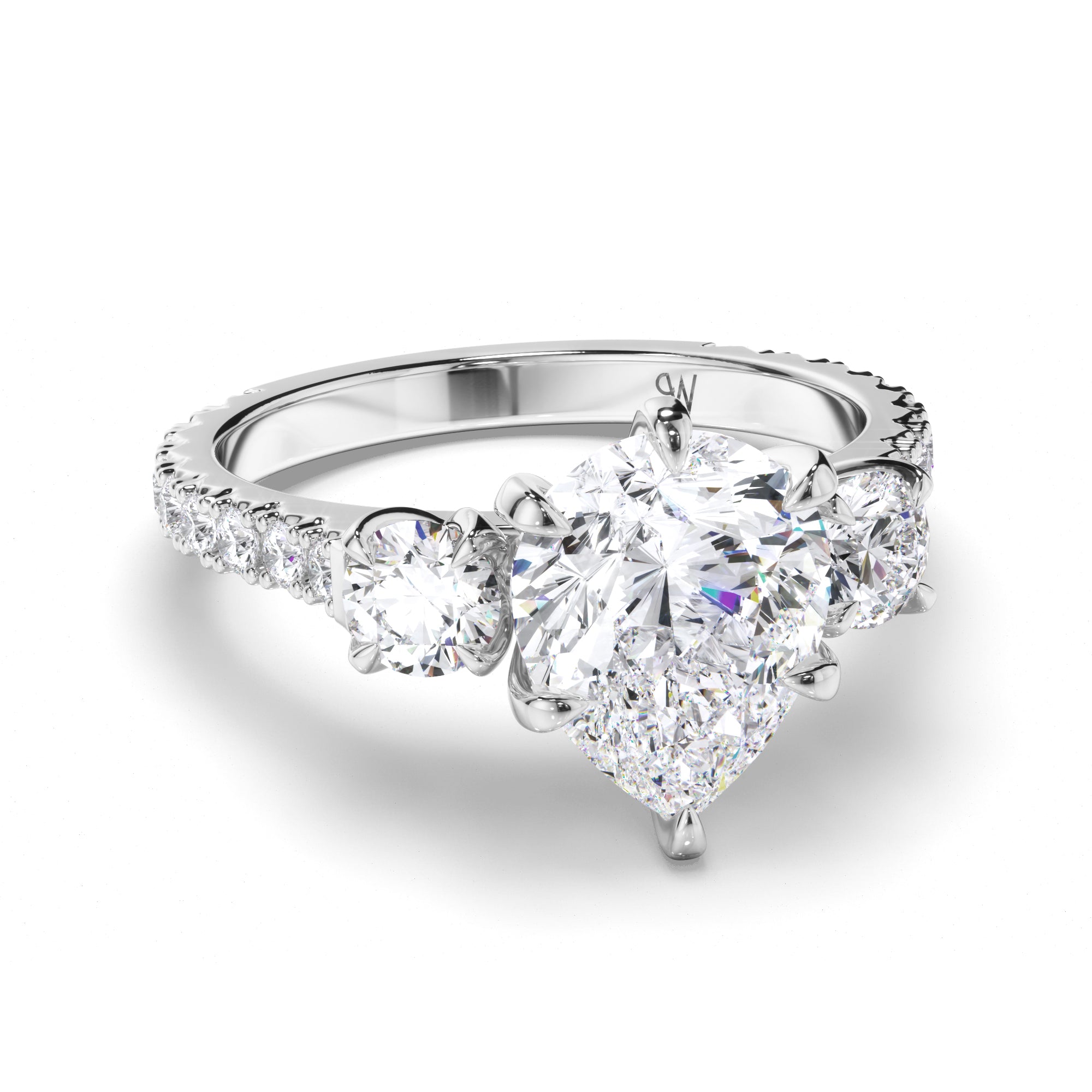 Pear Diamond Trilogy Engagement Ring with Round sides and Cut Claw Band