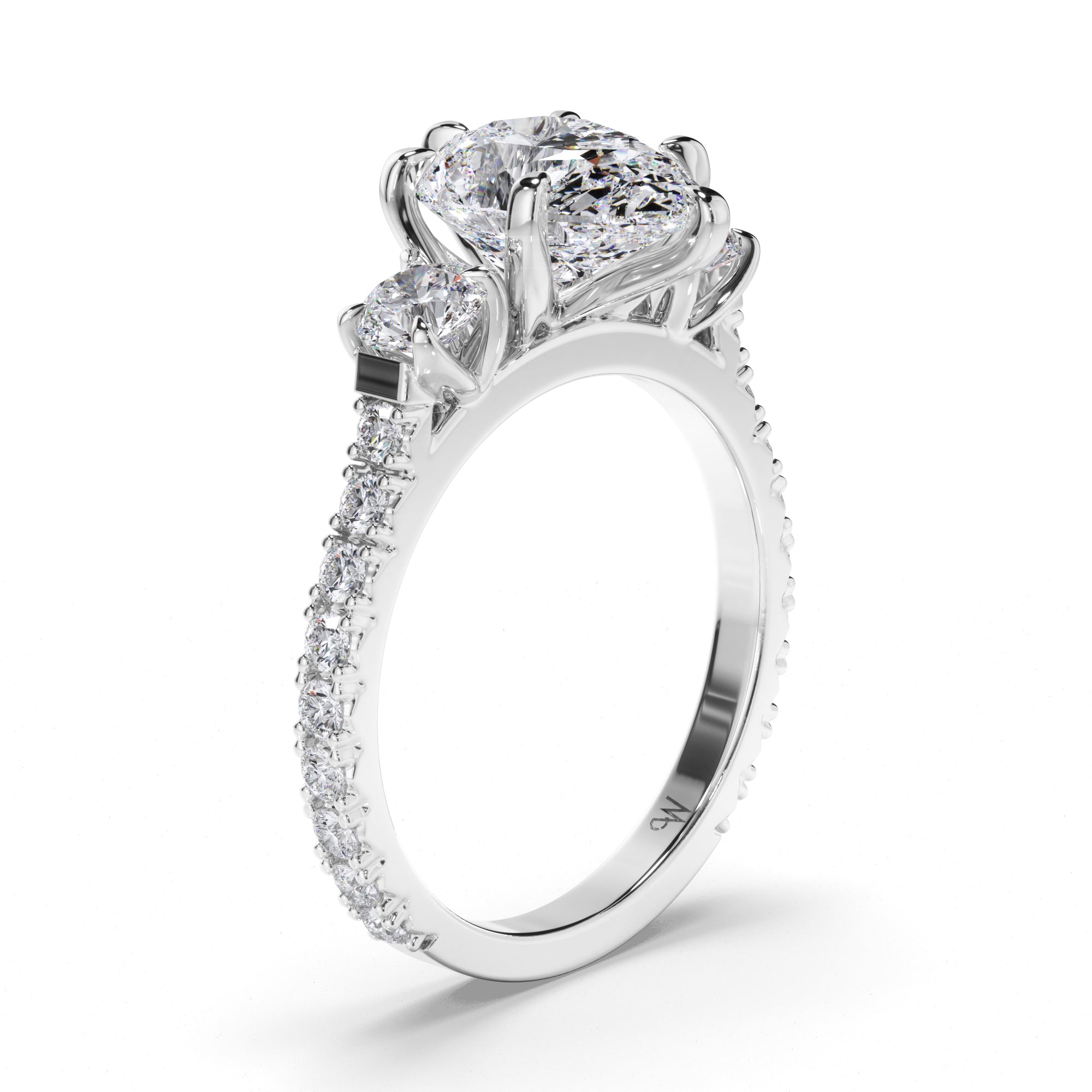 Pear Diamond Trilogy Engagement Ring with Round sides and Cut Claw Band