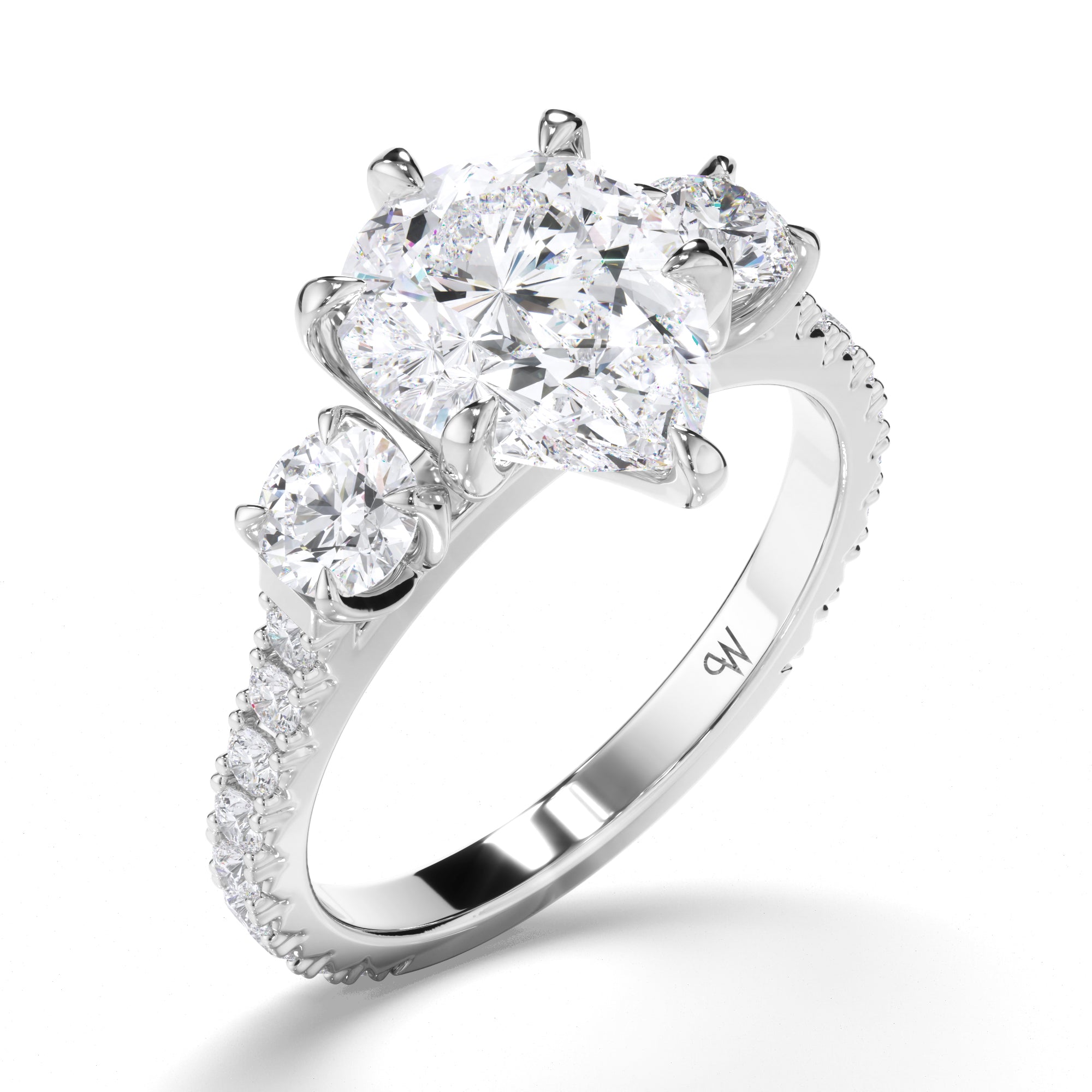 Pear Diamond Trilogy Engagement Ring with Round sides and Cut Claw Band