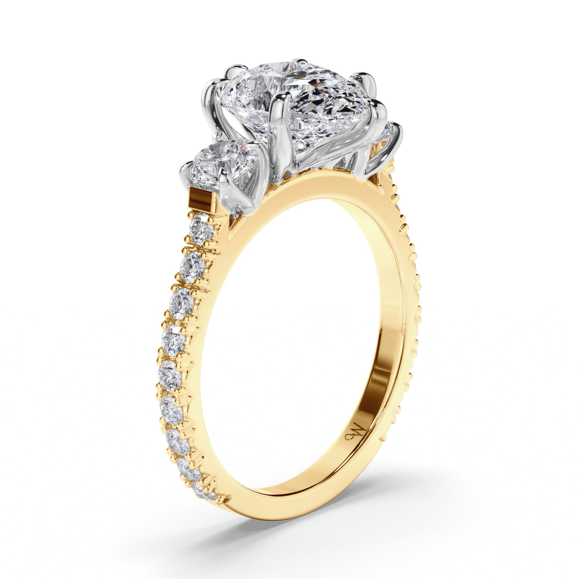 Pear Diamond Trilogy Engagement Ring with Round sides and Cut Claw Band