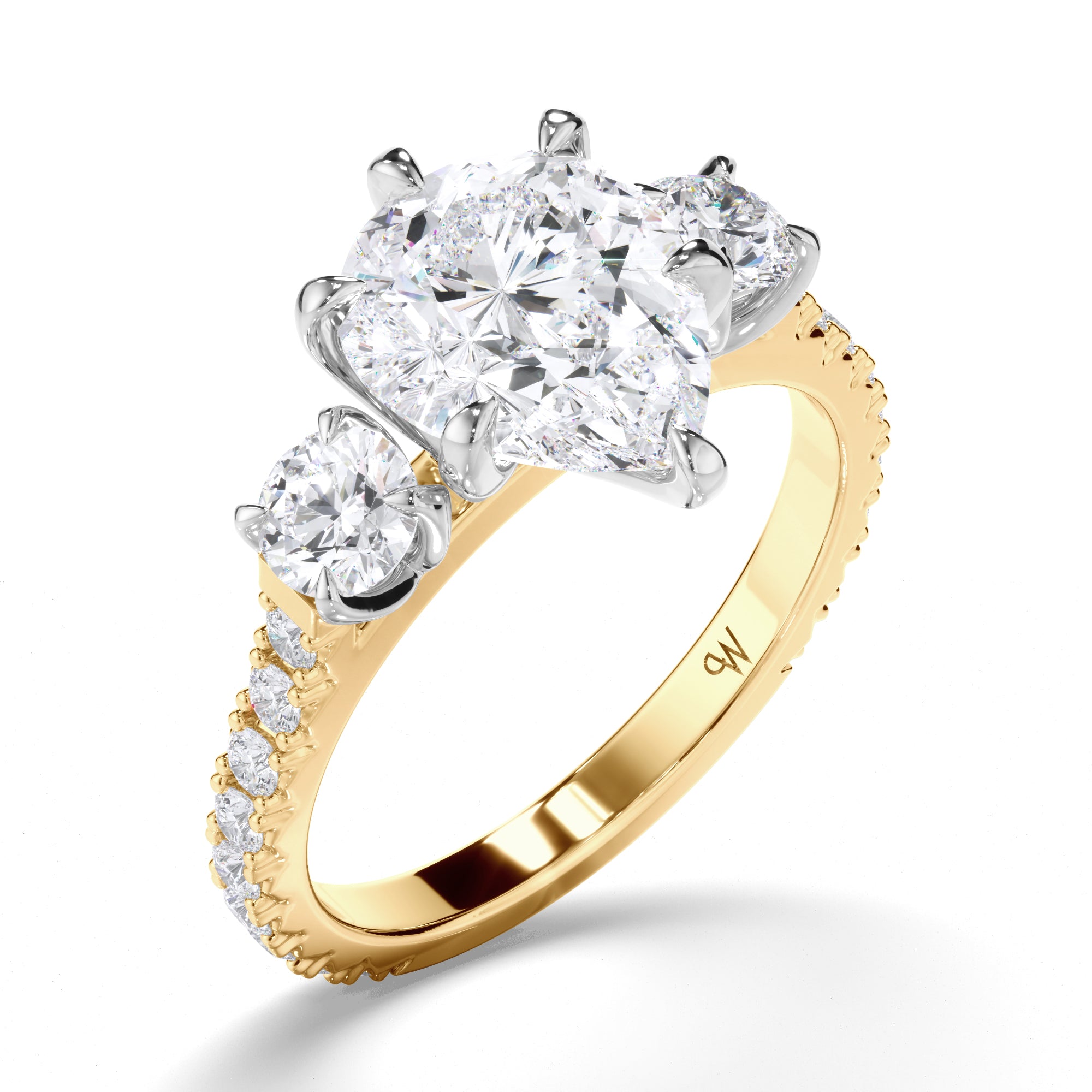 Pear Diamond Trilogy Engagement Ring with Round sides and Cut Claw Band