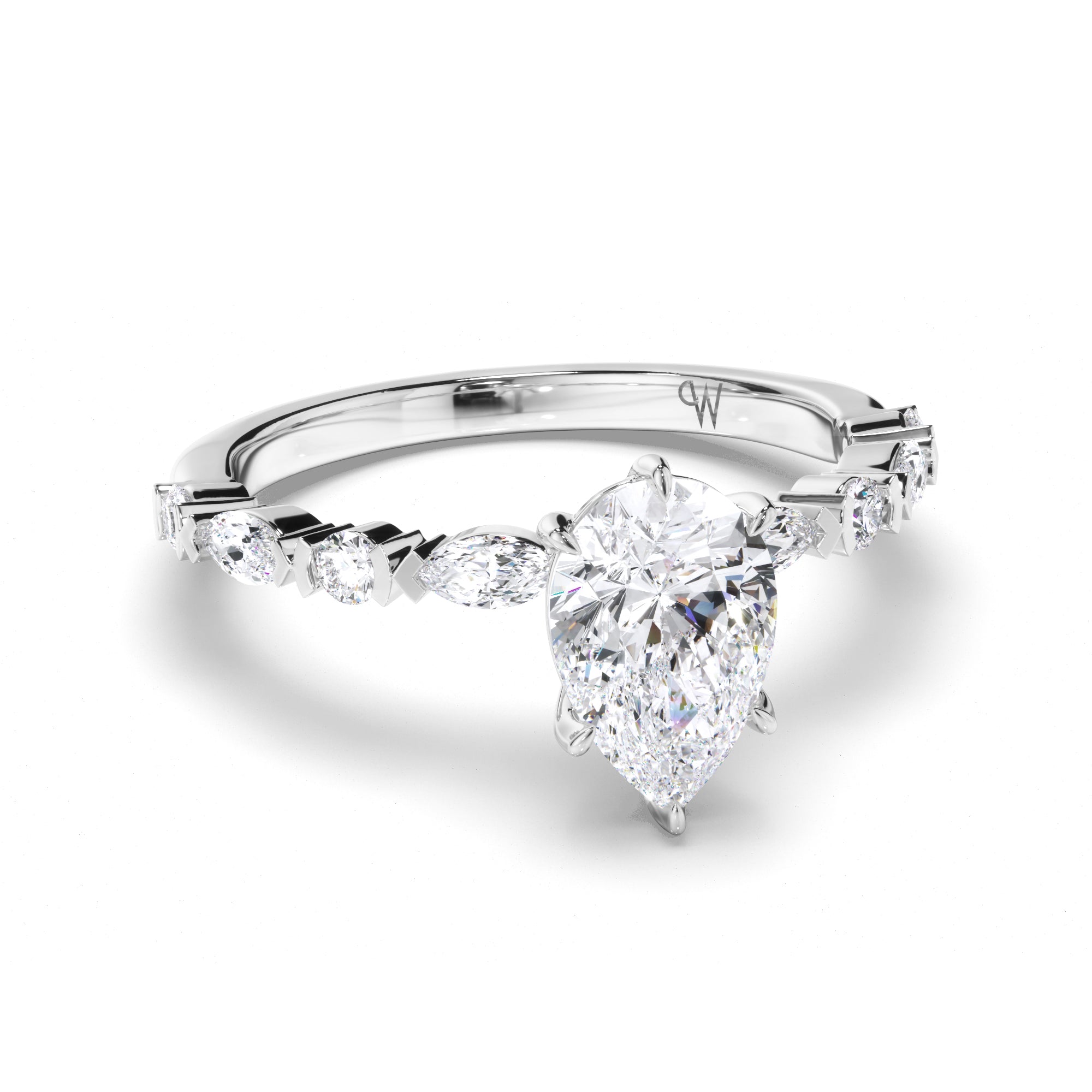 Pear Diamond Engagement Ring with Alternating Round and Marquise Band