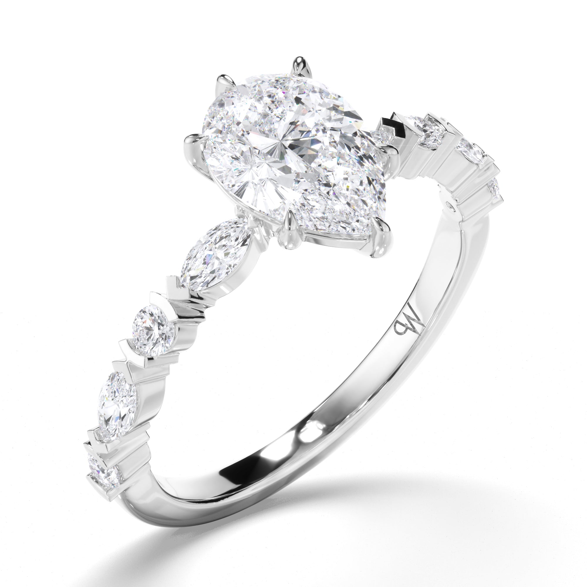 Pear Diamond Engagement Ring with Alternating Round and Marquise Band