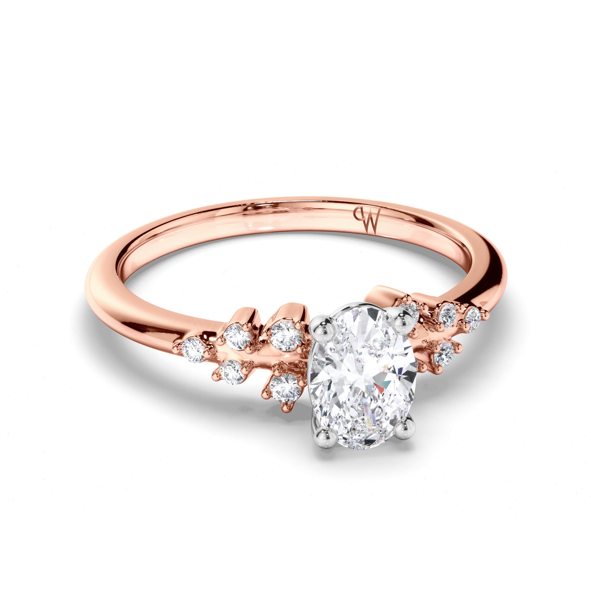 Oval Diamond Engagement Ring with Scattered Diamond Band