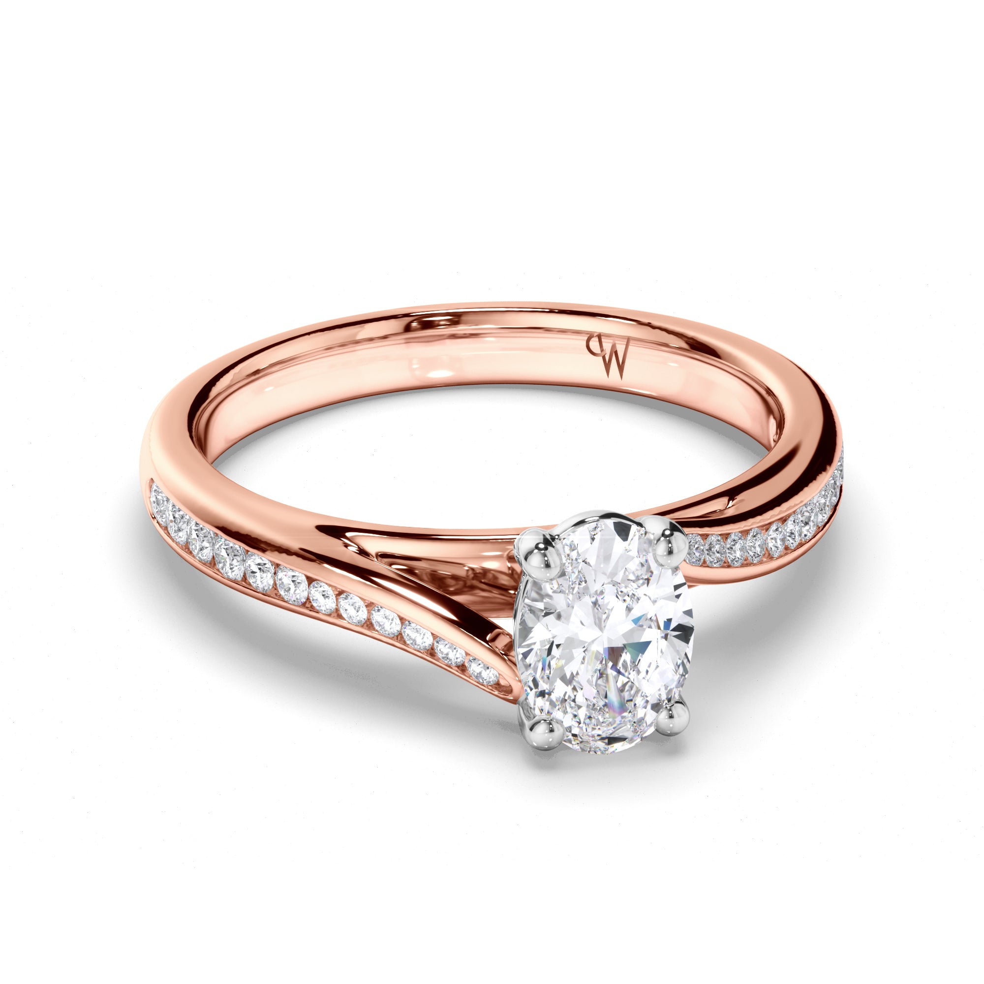 Oval Diamond Engagement Ring with Sweeping Channel Set Band