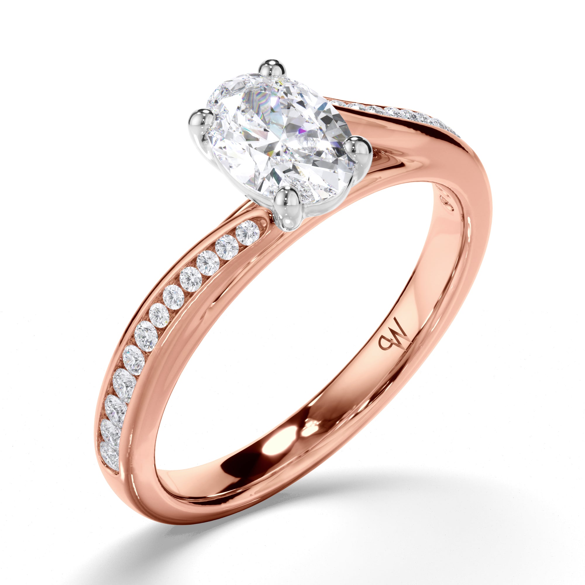 Oval Diamond Engagement Ring with Sweeping Channel Set Band