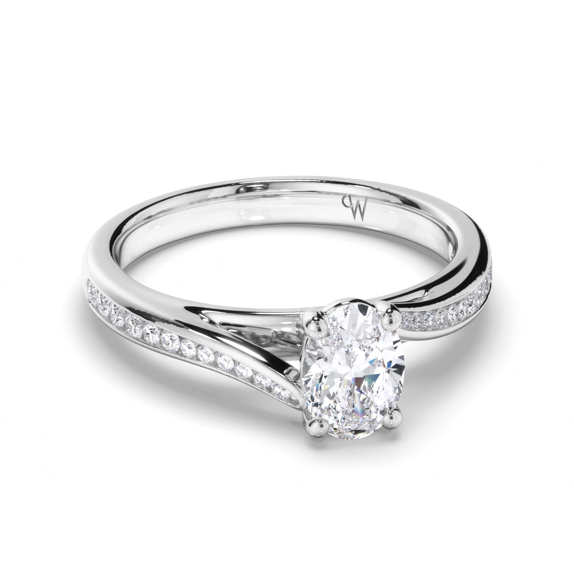 Oval Diamond Engagement Ring with Sweeping Channel Set Band