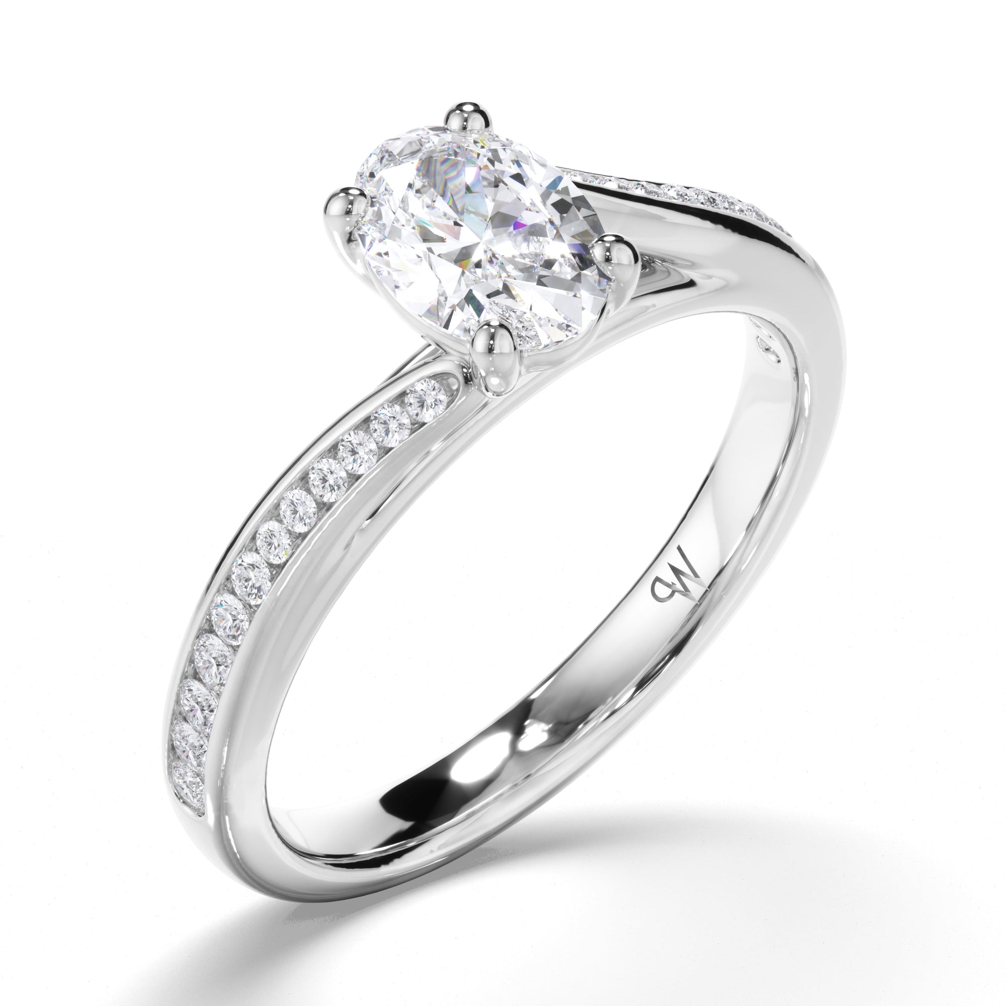 Oval Diamond Engagement Ring with Sweeping Channel Set Band
