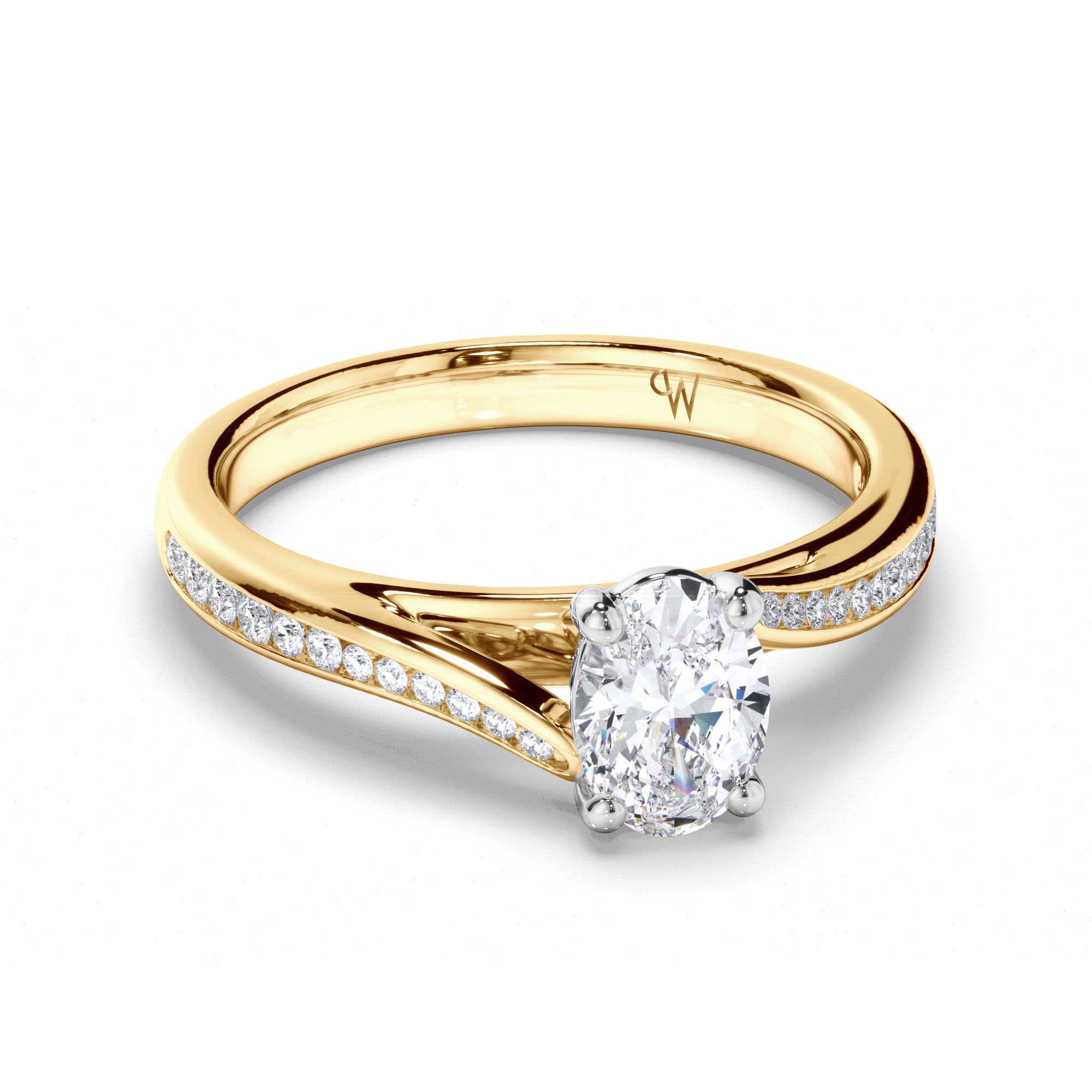 Oval Diamond Engagement Ring with Sweeping Channel Set Band