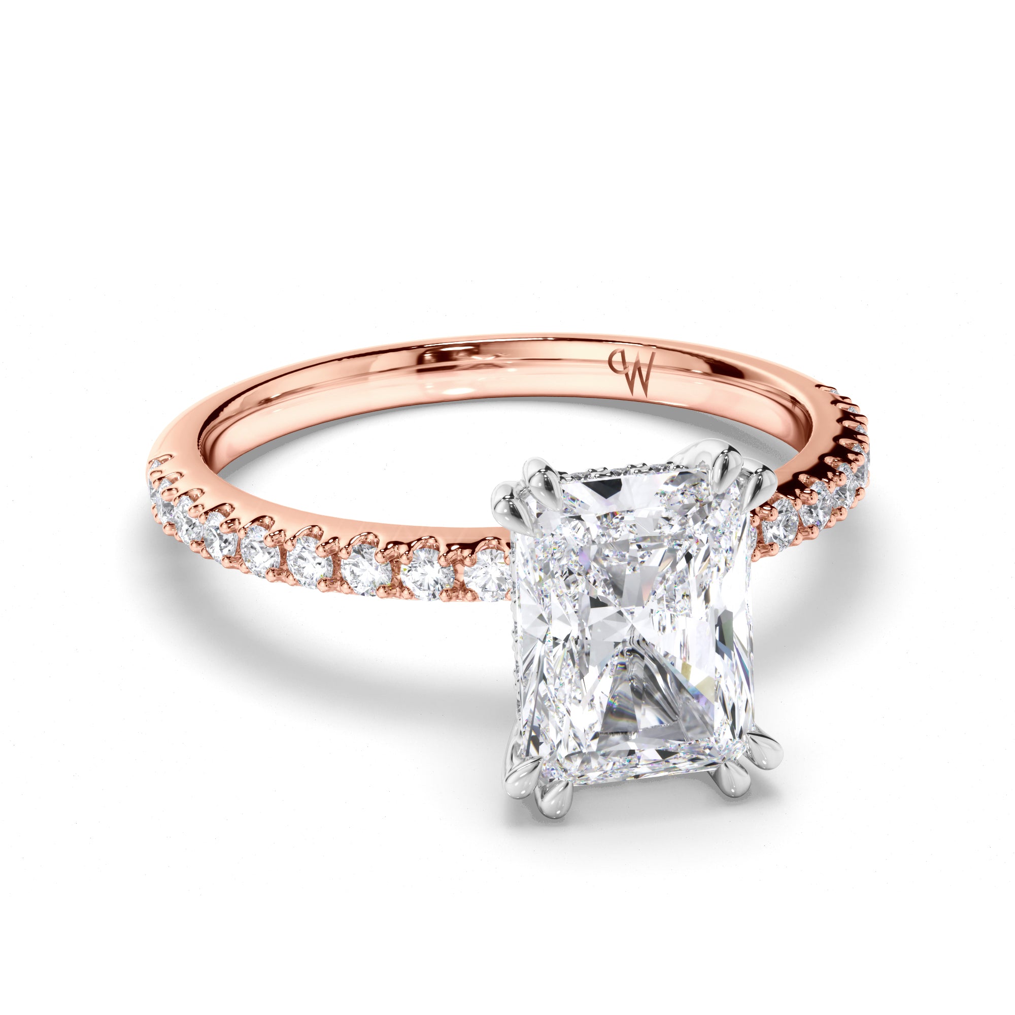 Radiant Diamond Engagement Ring with Hidden Halo and Cut Claw Band