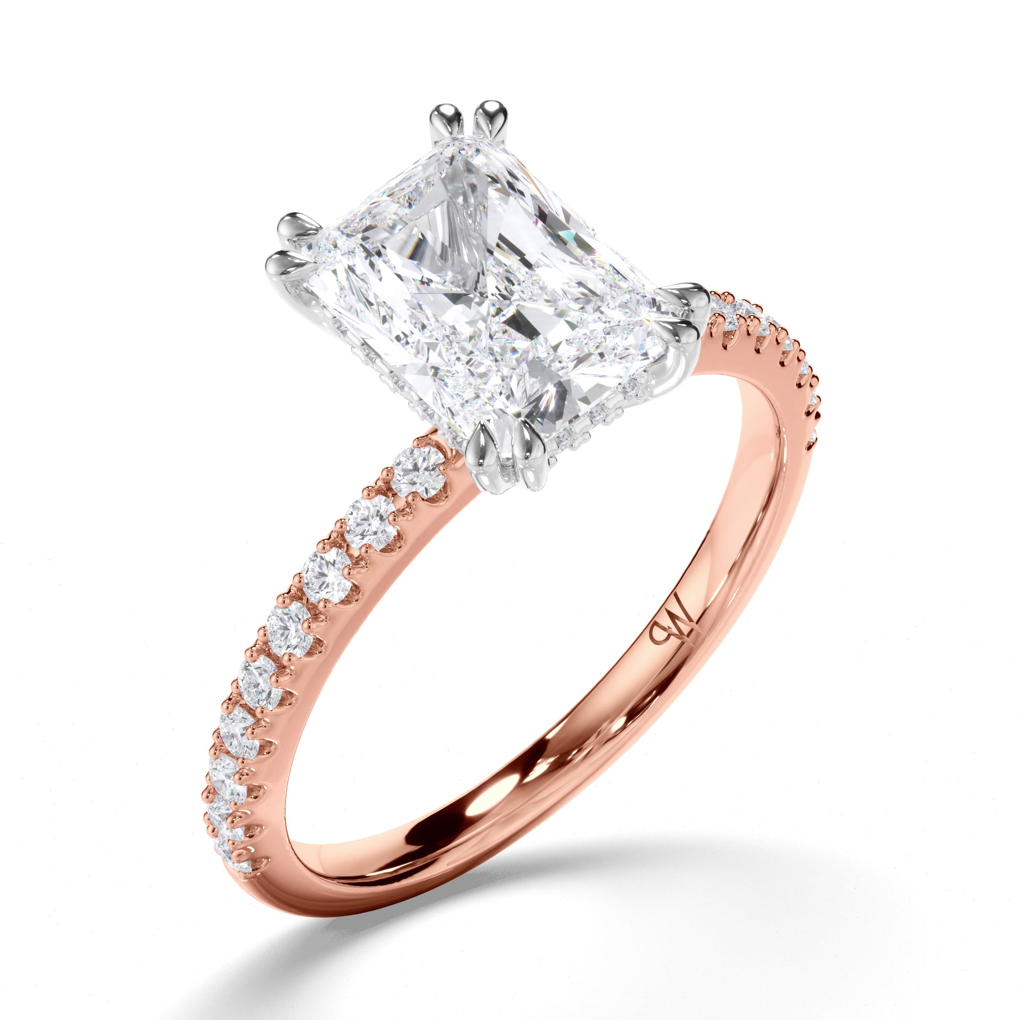 Radiant Diamond Engagement Ring with Hidden Halo and Cut Claw Band
