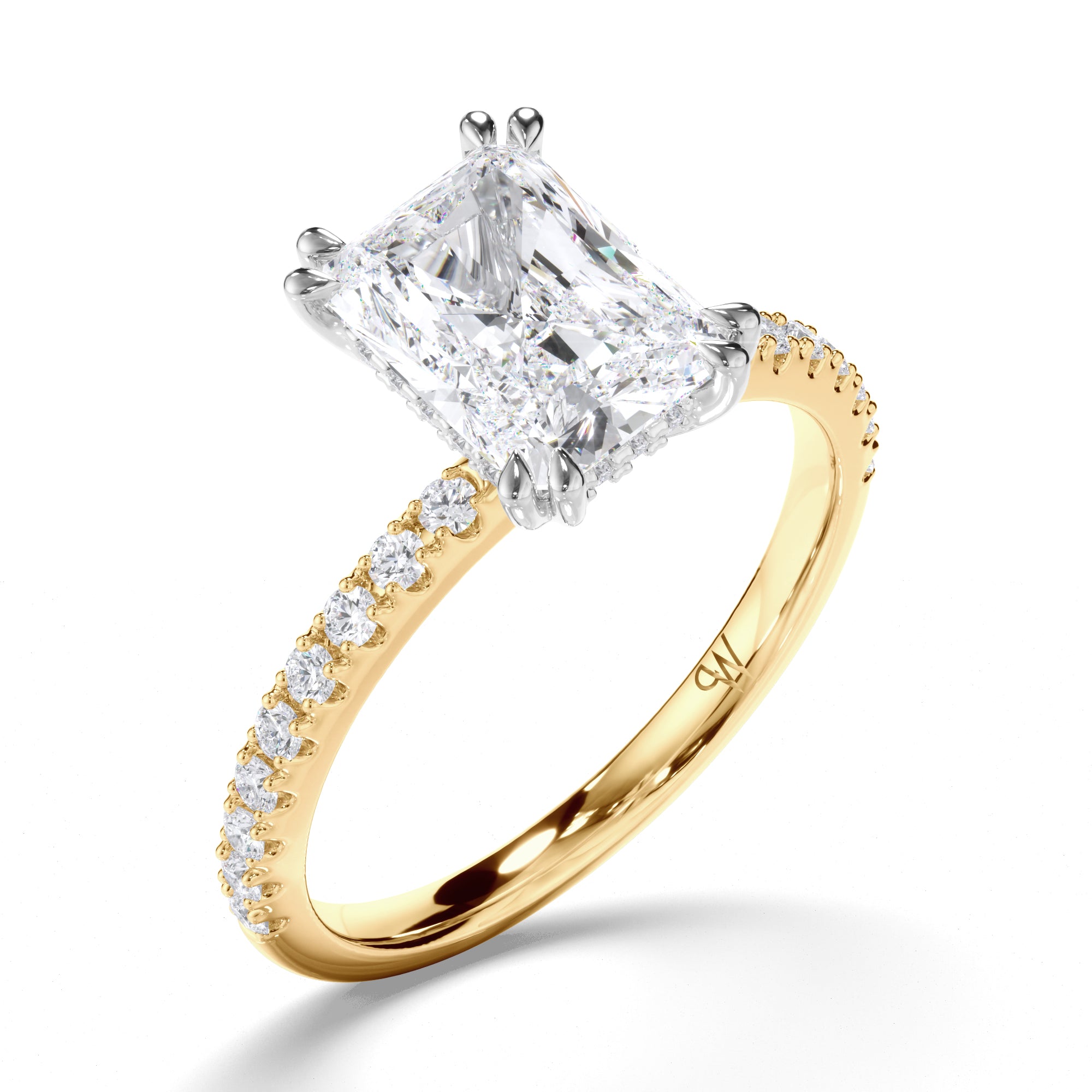 Radiant Diamond Engagement Ring with Hidden Halo and Cut Claw Band