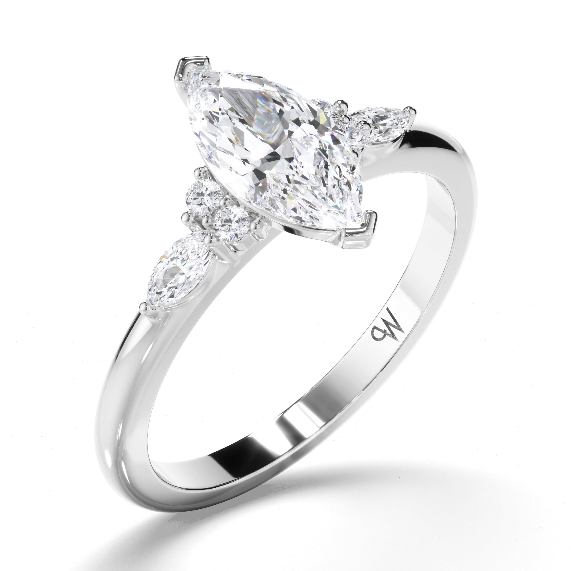 Marquise Diamond Engagement Ring with Round and Marquise Sides