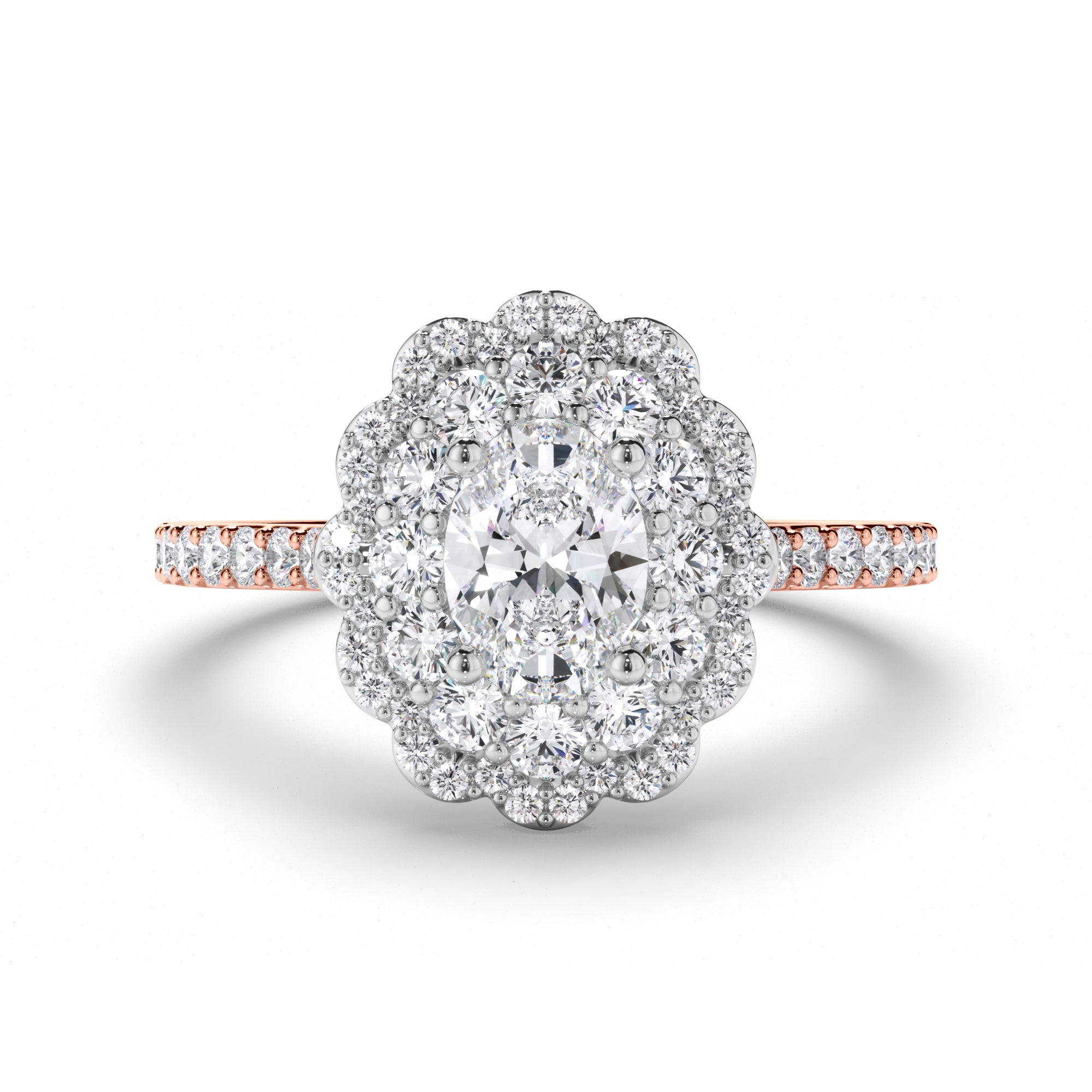 Oval Diamond Engagement Ring with Shaped Halo and Diamond Band