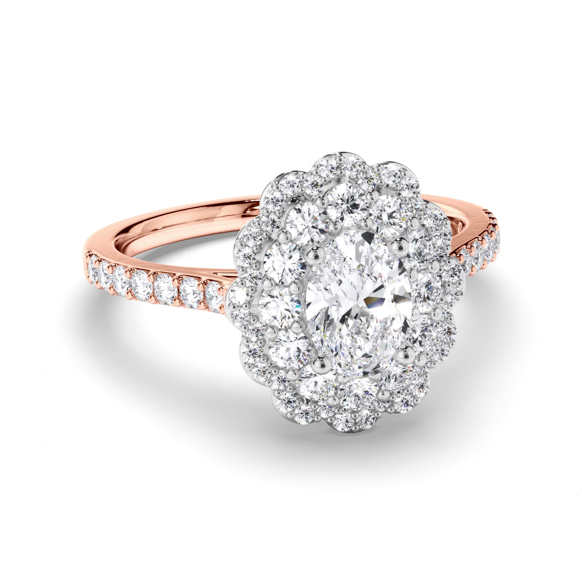 Oval Diamond Engagement Ring with Shaped Halo and Diamond Band