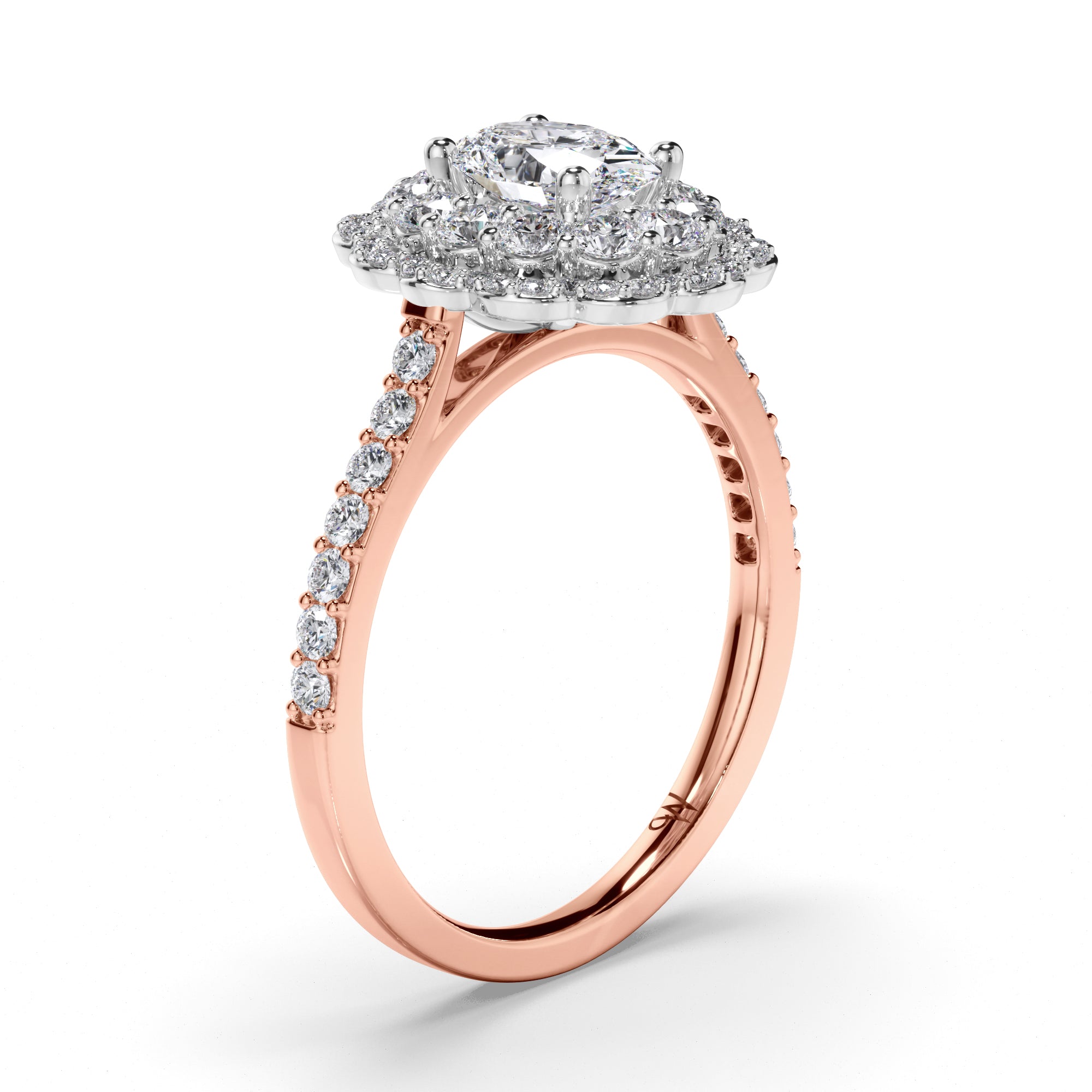 Oval Diamond Engagement Ring with Shaped Halo and Diamond Band
