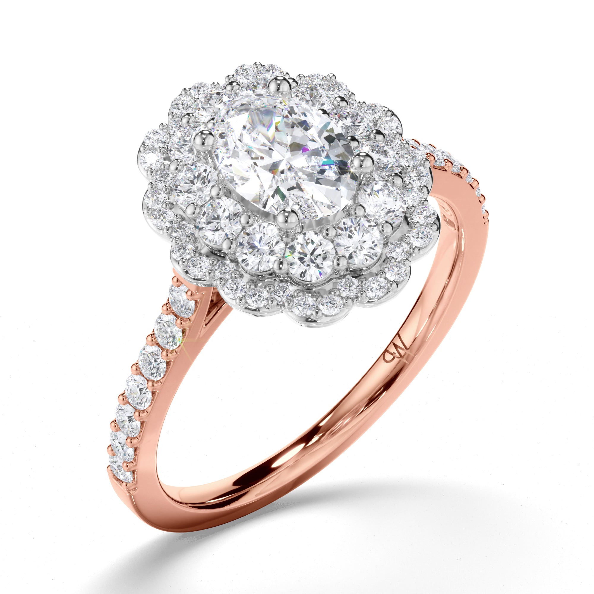 Oval Diamond Engagement Ring with Shaped Halo and Diamond Band