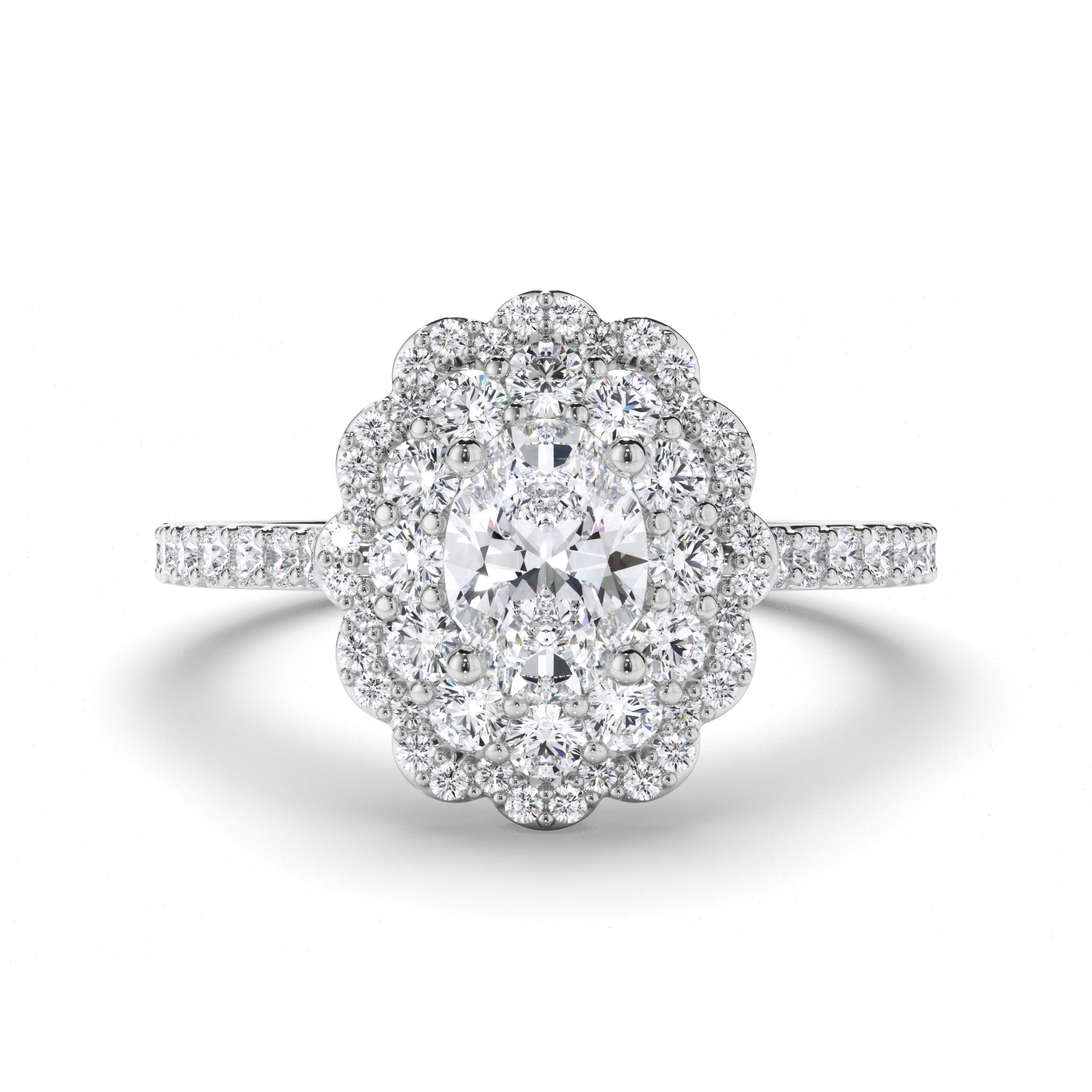 Oval Diamond Engagement Ring with Shaped Halo and Diamond Band