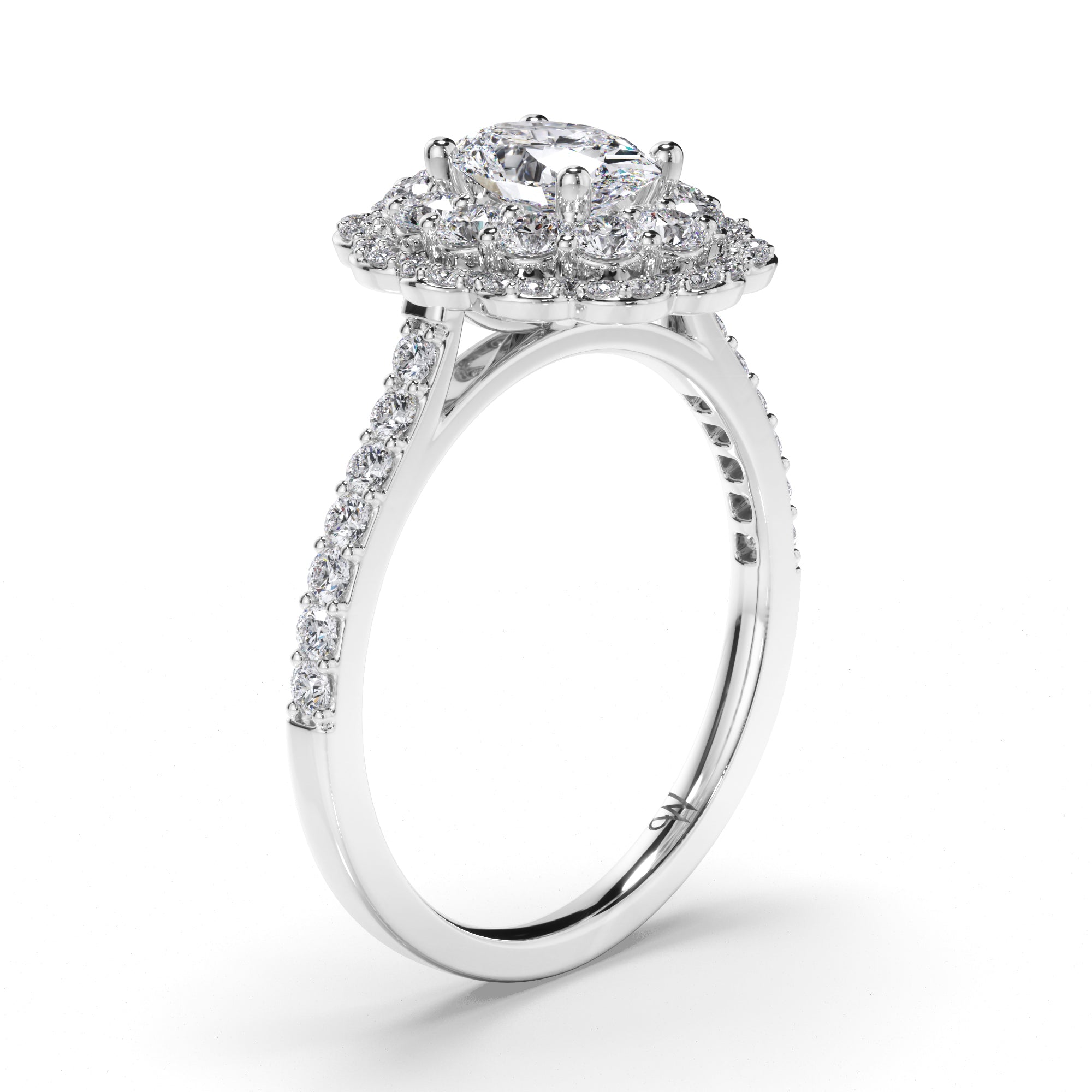 Oval Diamond Engagement Ring with Shaped Halo and Diamond Band