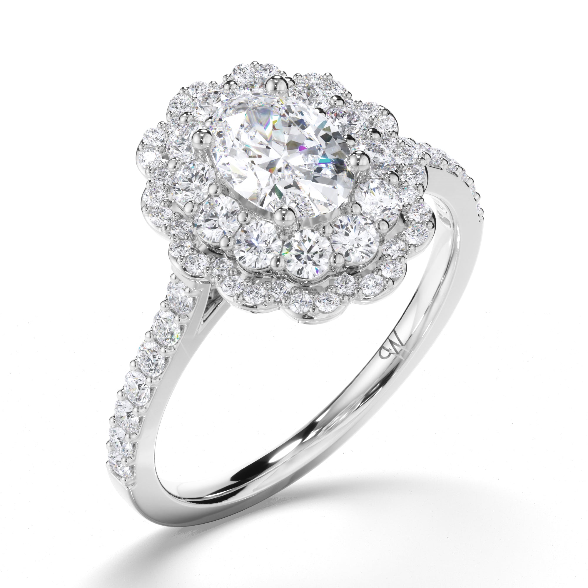 Oval Diamond Engagement Ring with Shaped Halo and Diamond Band