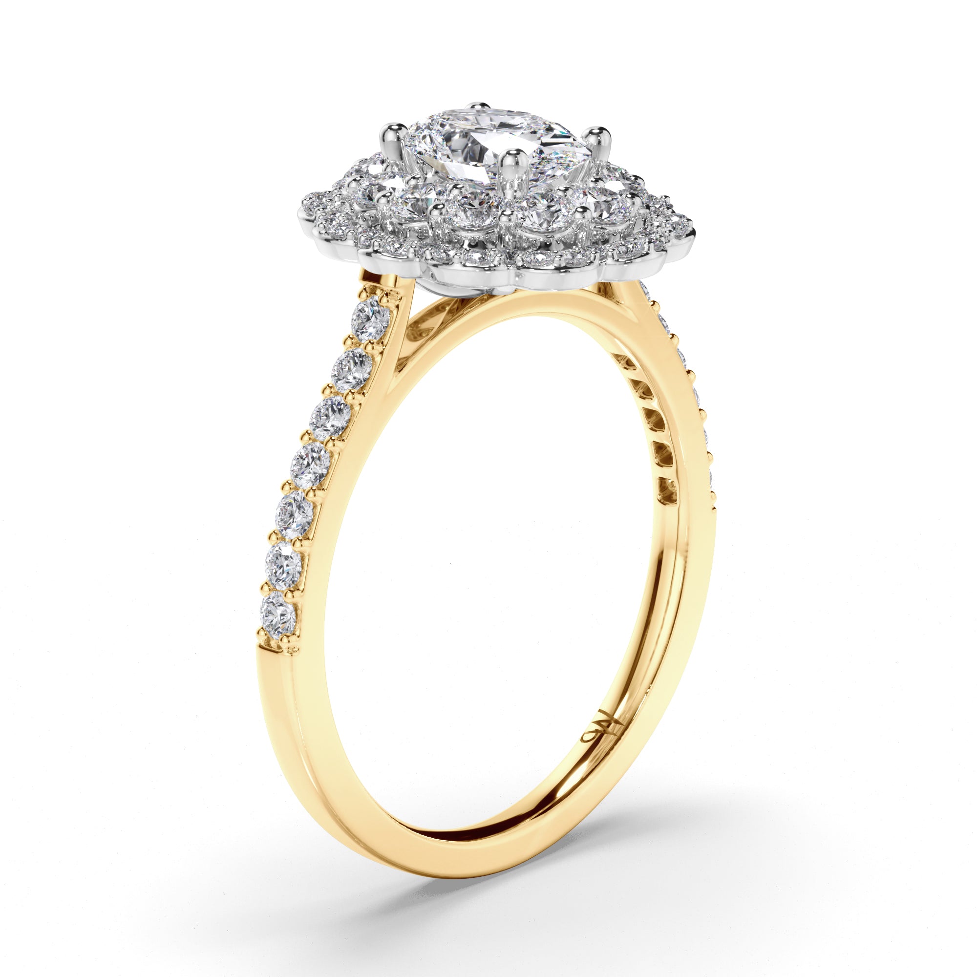 Oval Diamond Engagement Ring with Shaped Halo and Diamond Band