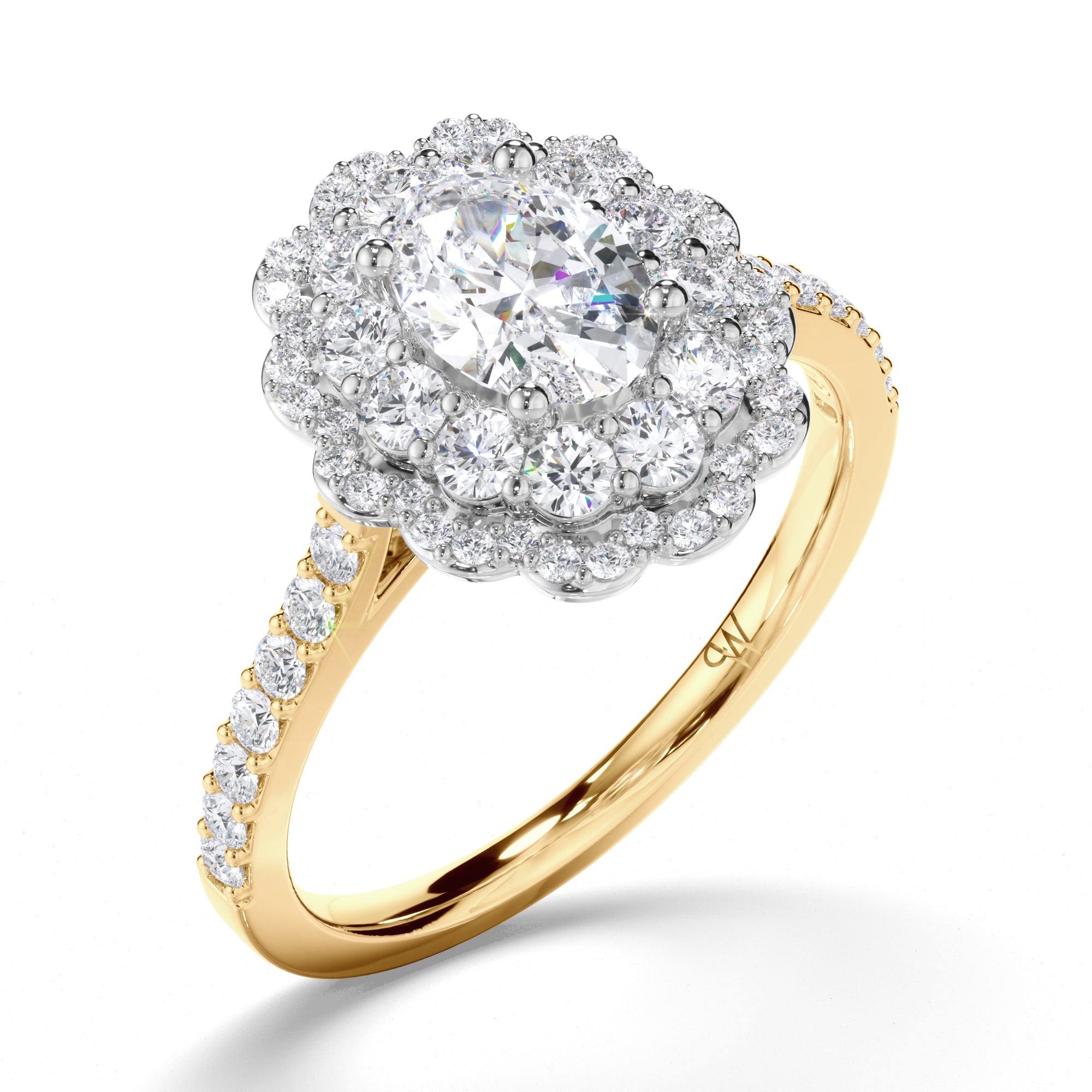 Oval Diamond Engagement Ring with Shaped Halo and Diamond Band