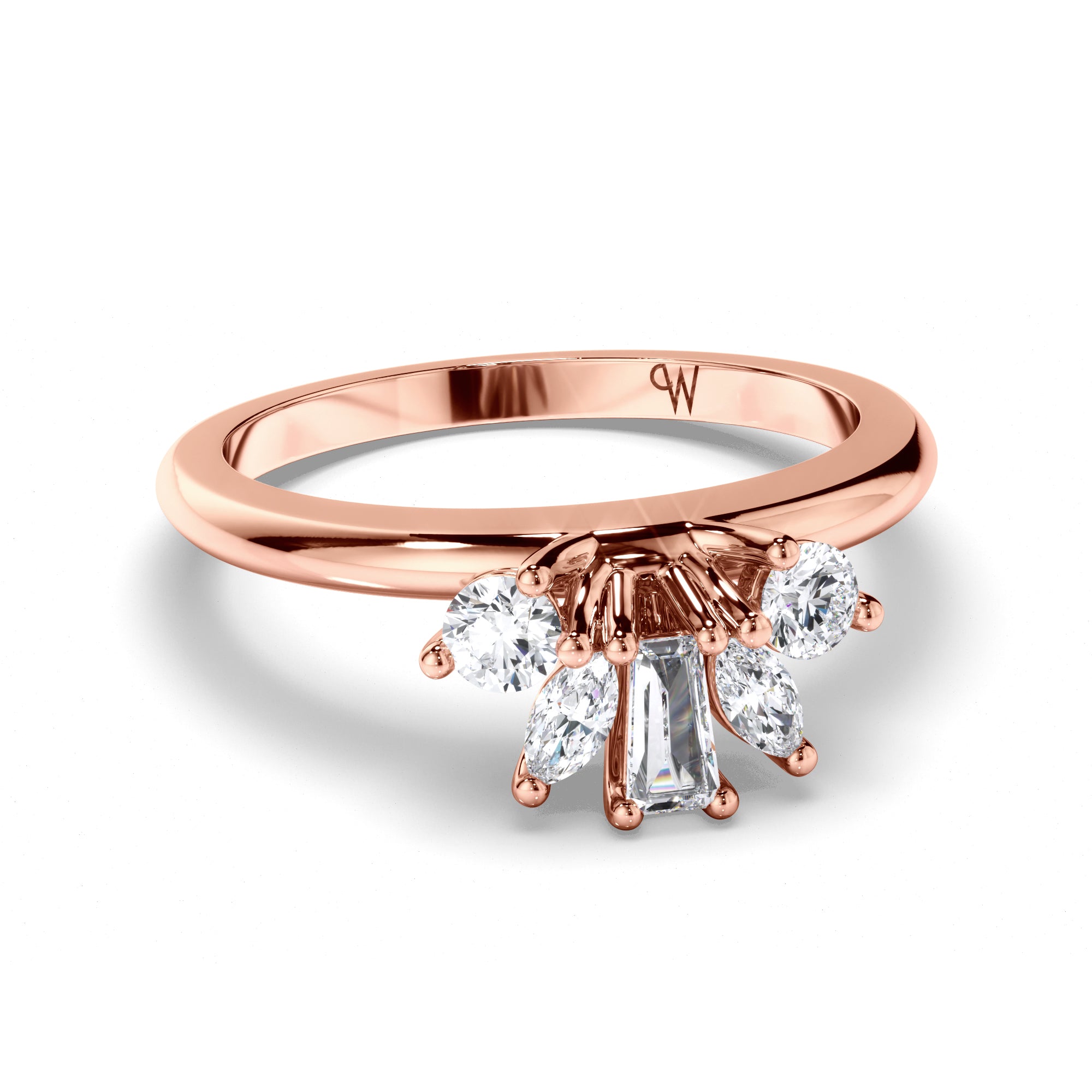 Curved Round, Baguette, and Round Brilliant Diamond Wedding Ring