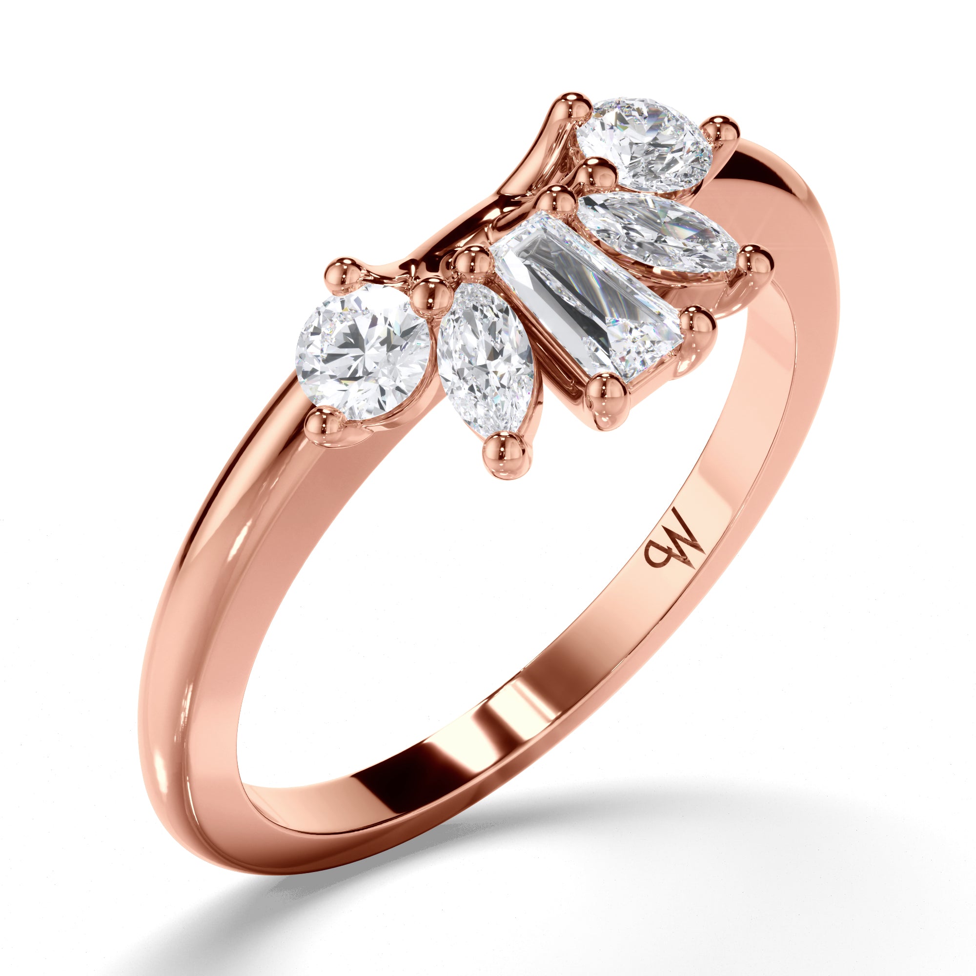 Curved Round, Baguette, and Round Brilliant Diamond Wedding Ring