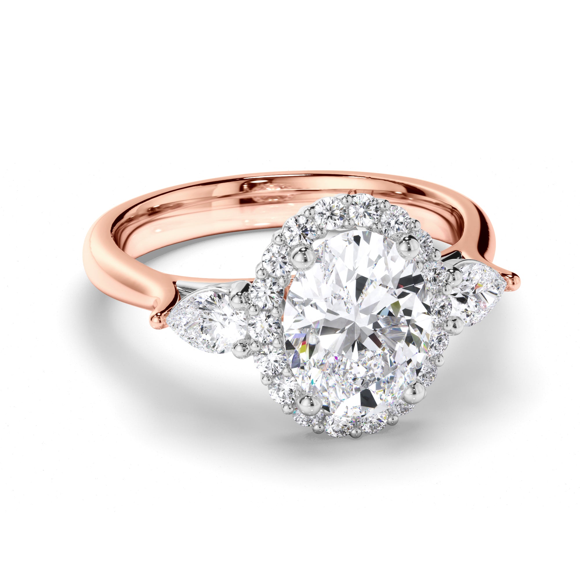 Oval Diamond Engagement Ring with Halo and Pear Sides