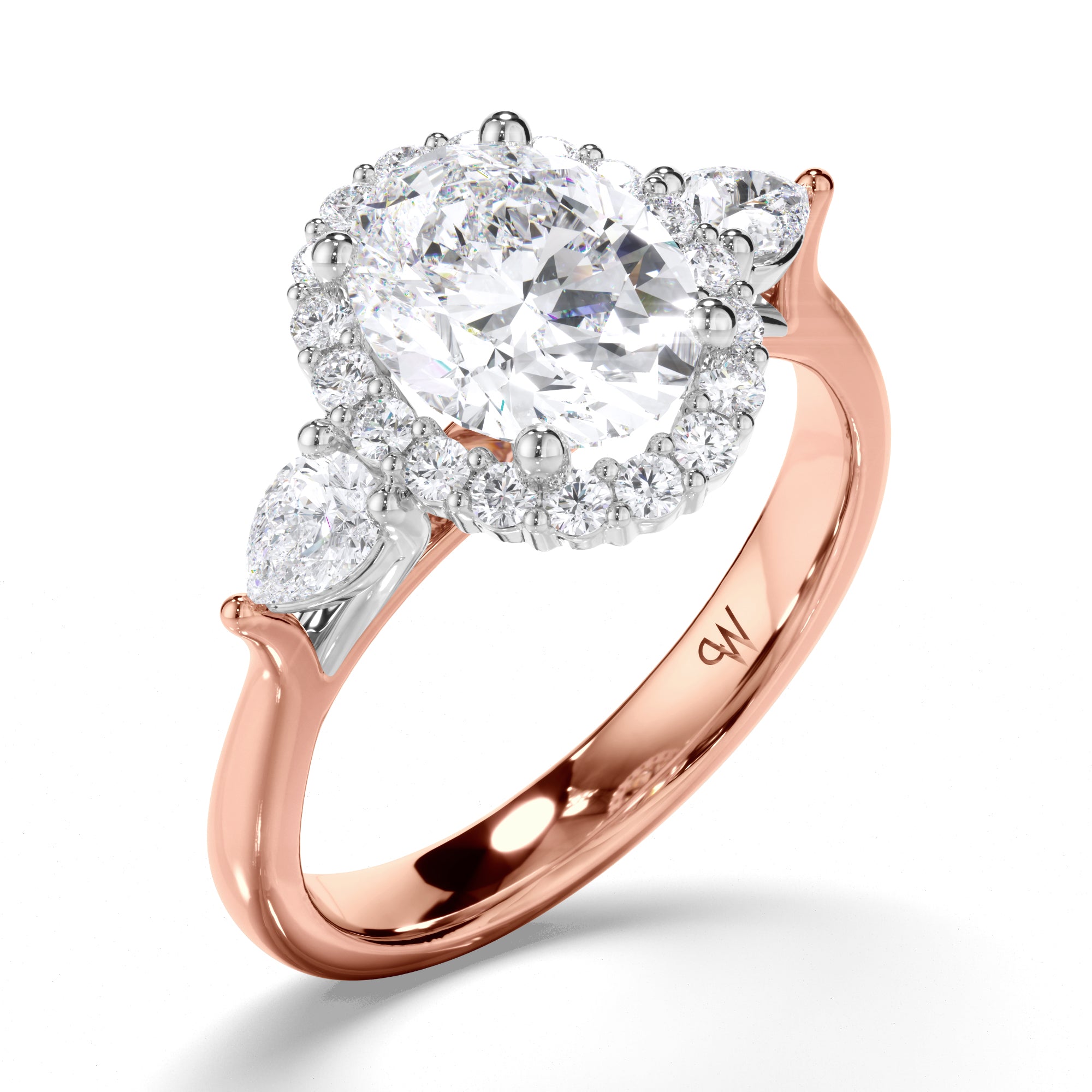 Oval Diamond Engagement Ring with Halo and Pear Sides