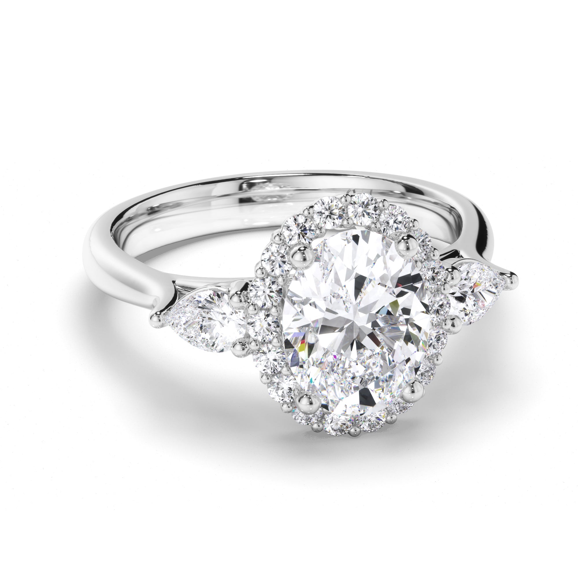 Oval Diamond Engagement Ring with Halo and Pear Sides
