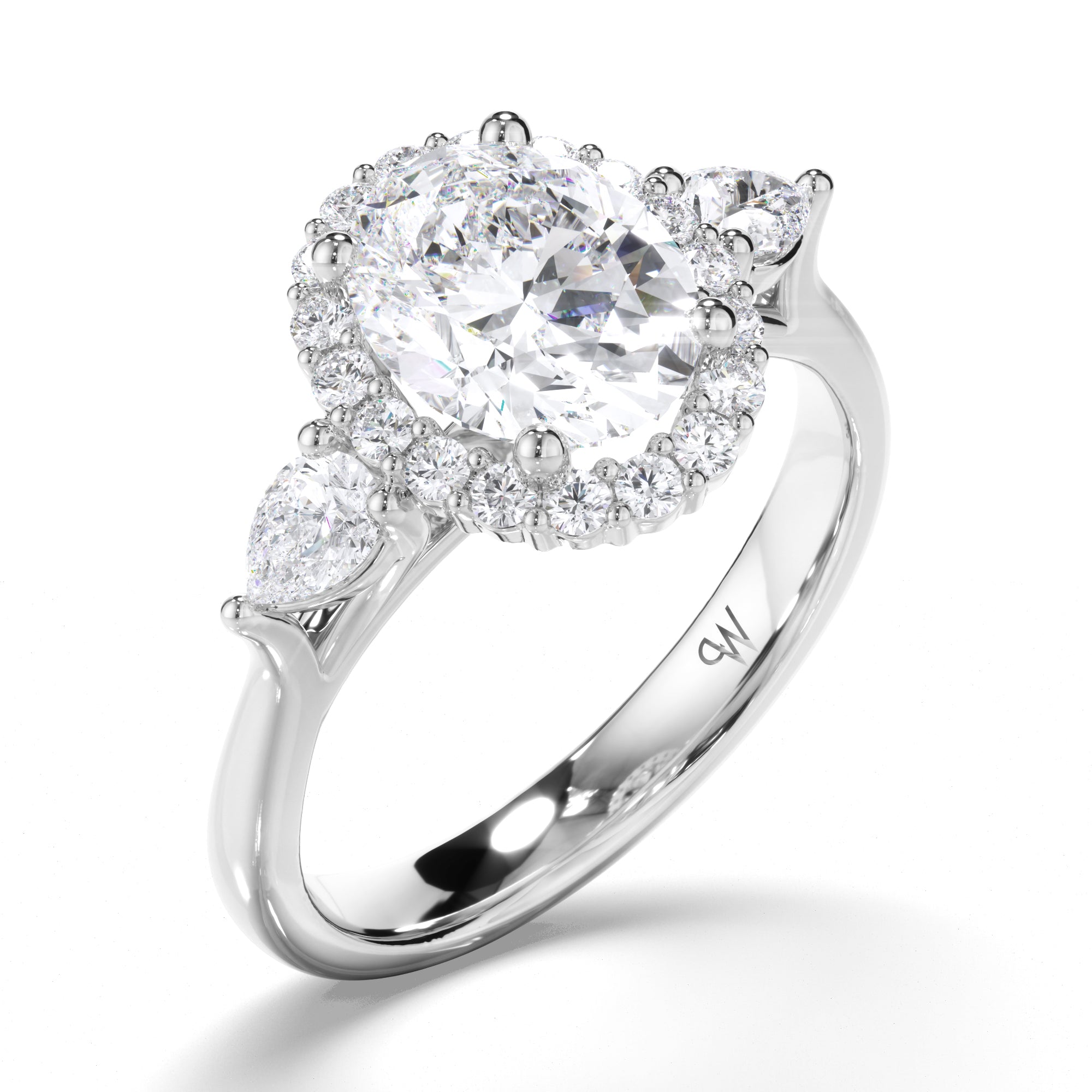 Oval Diamond Engagement Ring with Halo and Pear Sides