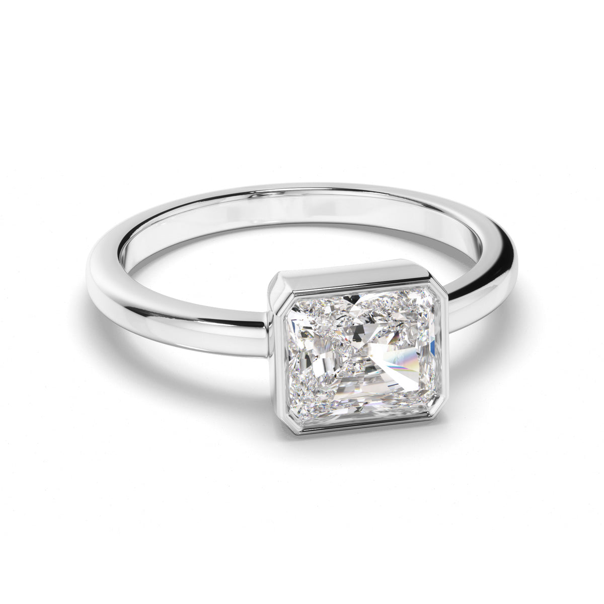 Radiant Cut Diamond Bezel East West Solitaire Engagement Ring