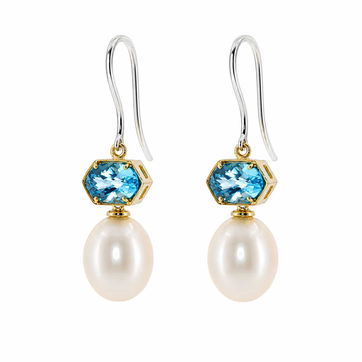 Yellow Gold & Sterling Silver Pearl and Topaz Earrings